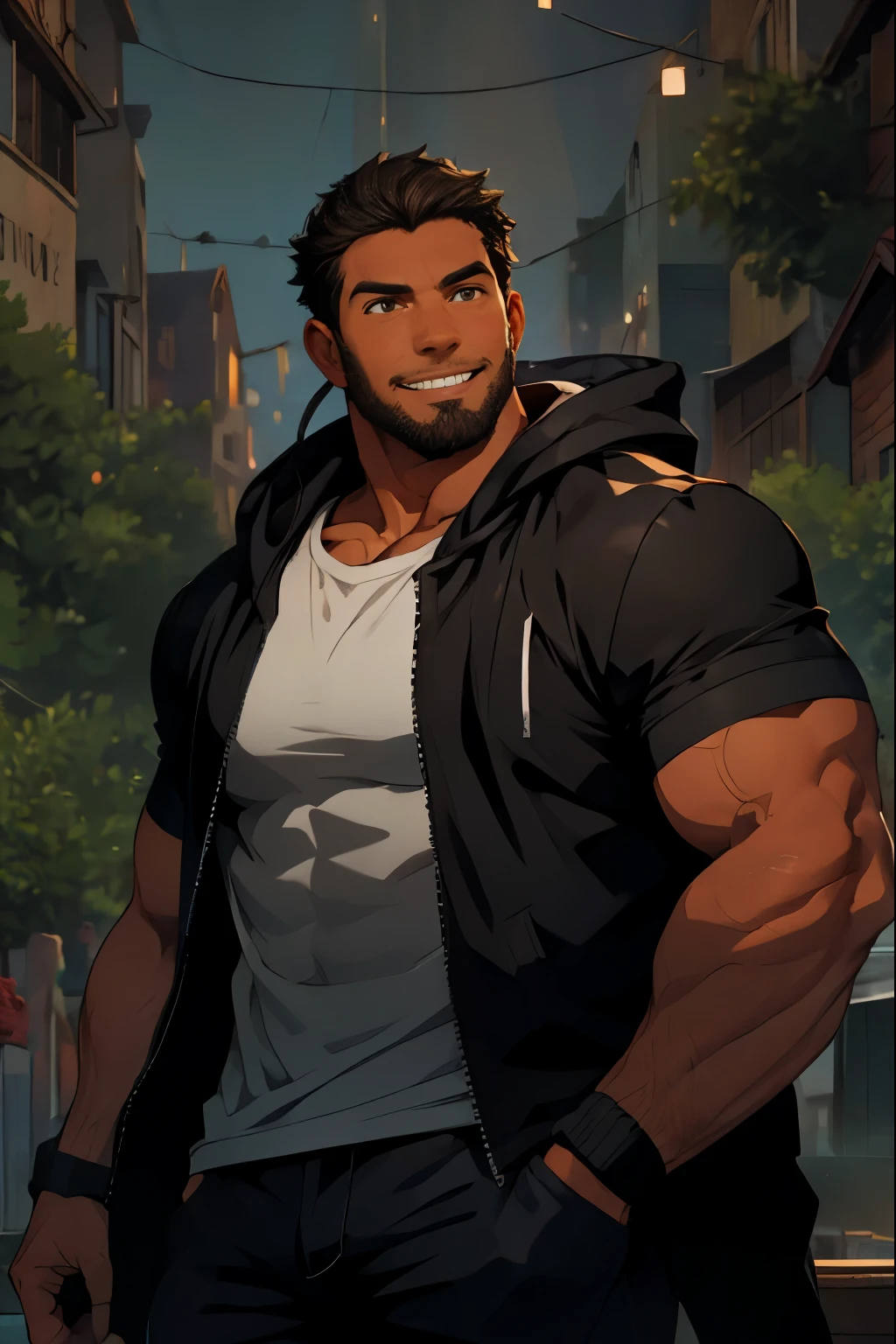 masterpiece, best quality, 1man, very muscular, hunk, bara, brown skin, orange eyes, vibrant eyes, black hair, black beard, chin beard, (thick neck:1.0), cursed energy flowing, white shirt, black jacket, short sleeves jacket, black airdot, airdot headphone, airdot, looking_at_viewer, smiling, cityscape background,nijimale