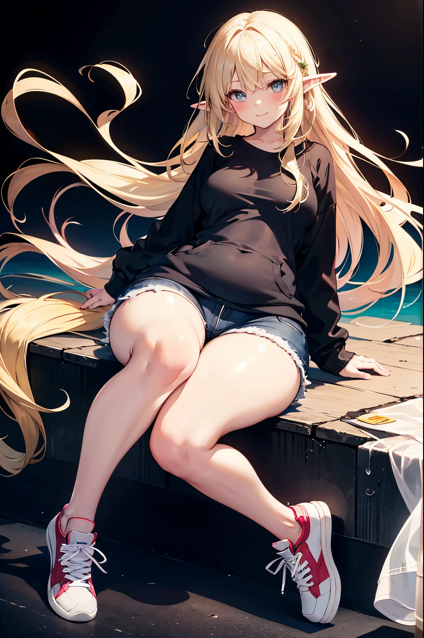 realistic image, coherent image, detailed image, 1 beautiful elf, She has long, silky, straight blonde hair, golden colored eyes, her face is oval and delicate, Blushing, smiling, She is wearing a sweatshirt, small shorts, sneakers moccasins, She has a curvaceous body, medium breasts, thick thighs, shy pose, black background