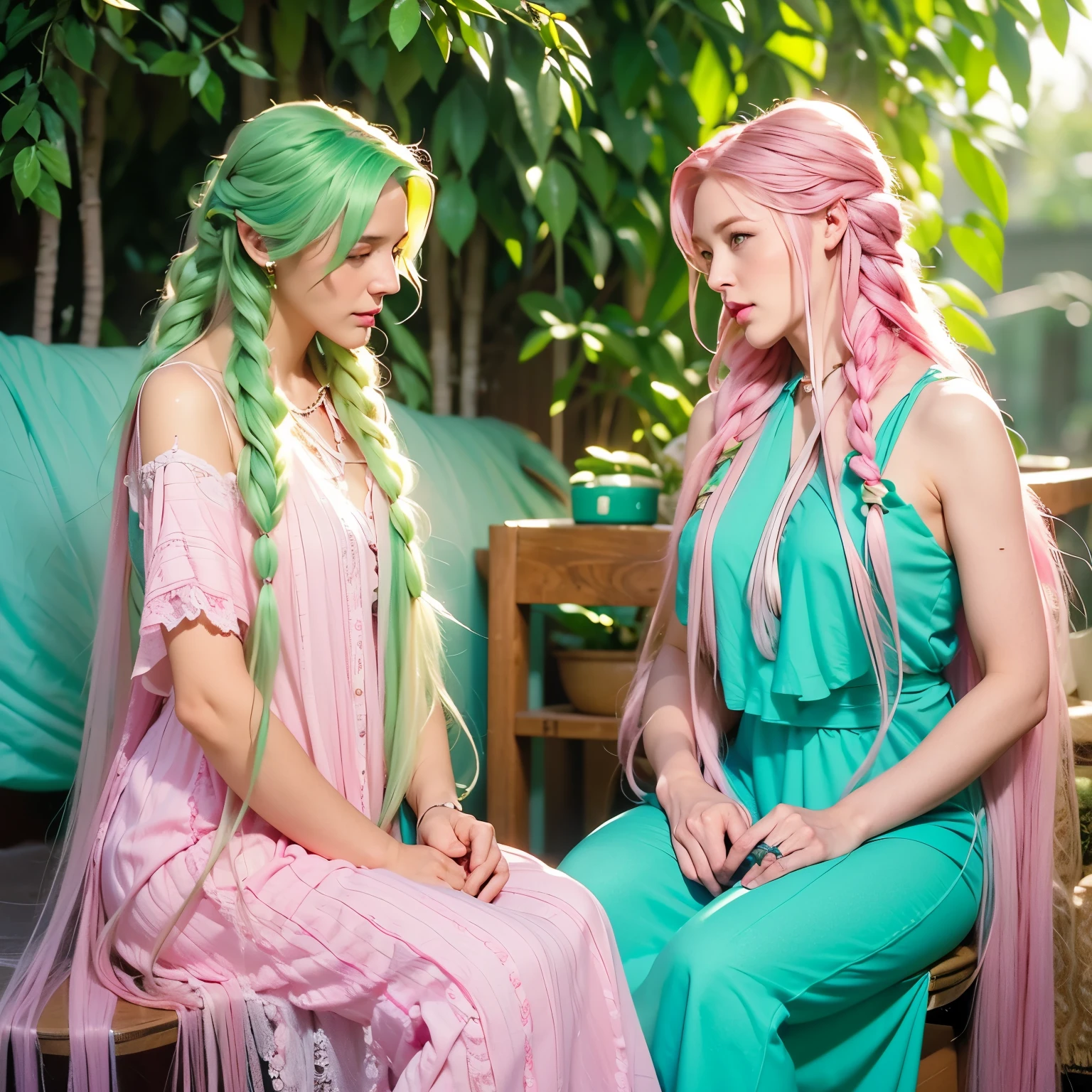 Woman, long curly hair, pink hair, blue eyes, ((wavy hair))(( braid))(( braid hair))near the other woman. ((Woman, ((straight hair)), yellow eyes, green hair, restaurant scene, sitting ))( The first woman with curly hair and the other straight)(( First woman with pink hair and the second with green hair ))