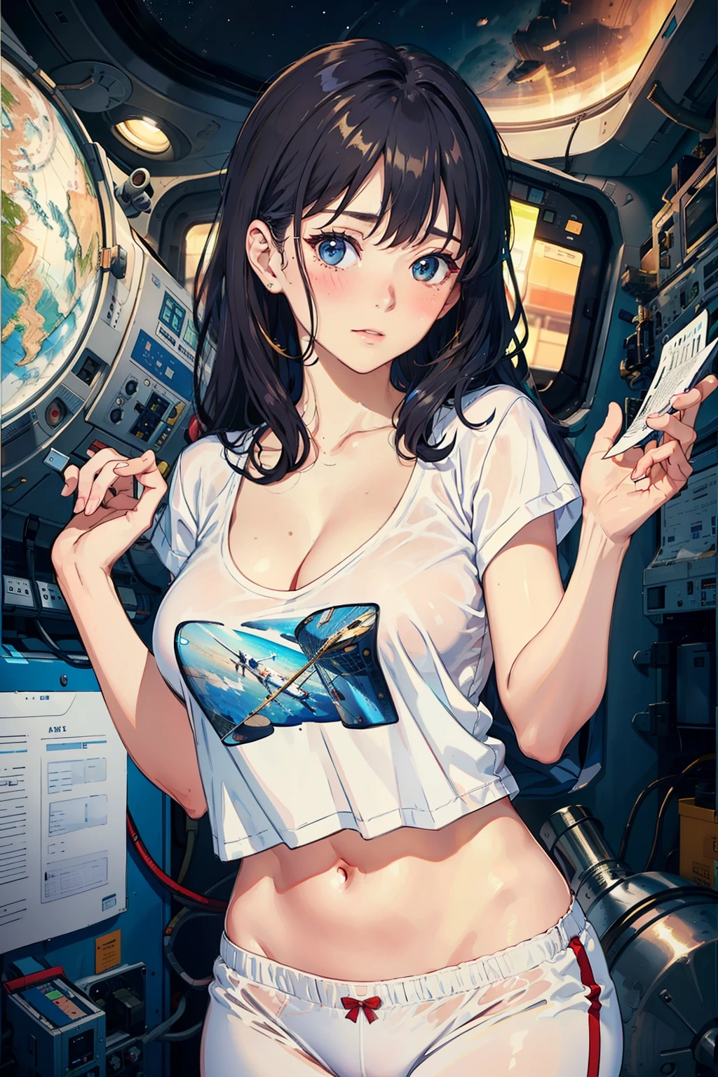 While working, the female astronaut wears a shabby T-shirt, white underwear, emphasizes her cleavage, sweats, and blushes.