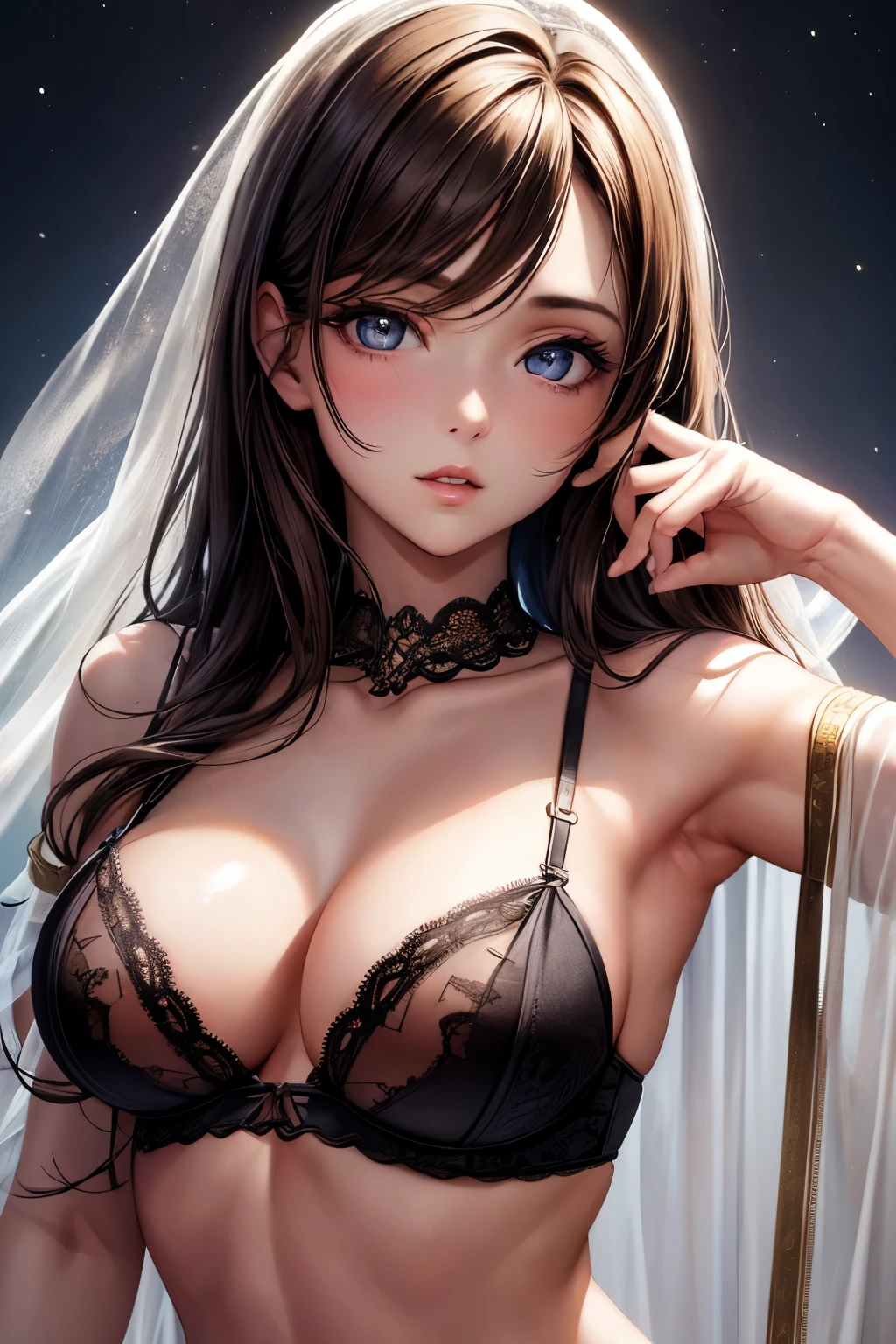 sksbrooke person, sksbrooke, nsfw, (masterpiece:1.2), (best quality:1.2), perfect eyes, perfect face, (night),, (breasts out), upper body, closeup, 1girl, solo, brown eyes, (medium breasts), perky breasts, nipples, intricate lingerie,