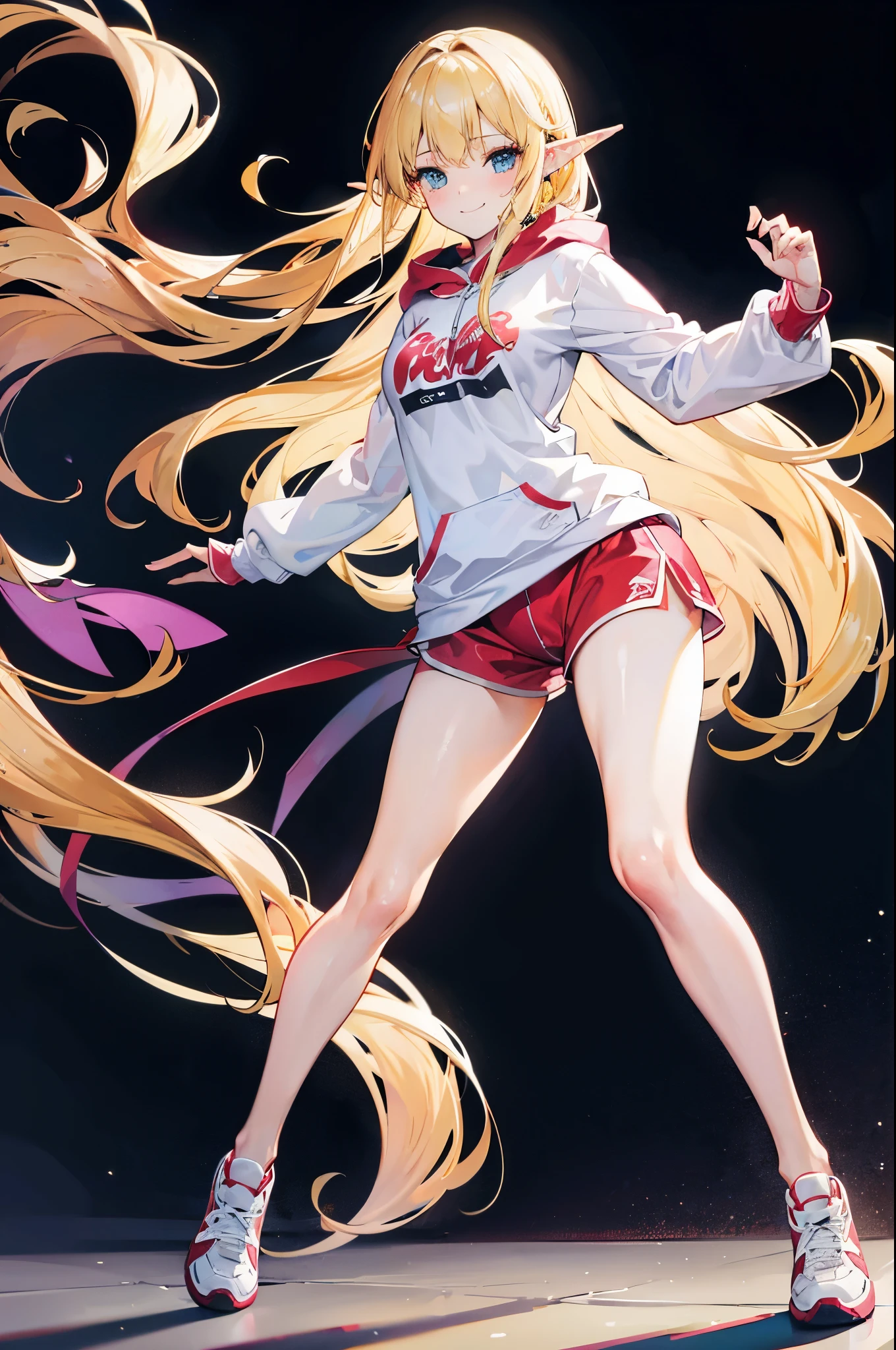 realistic image, coherent image, detailed image, 1 beautiful elf, She has long, silky, straight blonde hair, golden colored eyes, her face is oval and delicate, Blushing, smiling, She is wearing a sweatshirt, small shorts, sneakers moccasins, She has a curvaceous body, medium breasts, thick thighs, shy pose, black background