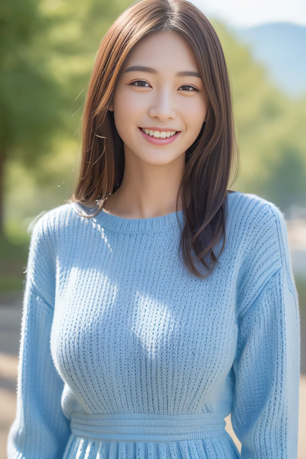 ((highest quality、8K、masterpiece:1.3))、1 girl、Beautiful woman with slender abs:1.3、(((very big breasts、1.4)))、knit dress:1.1、highly detailed face、fine eyes、double eyelid、(Take a full body photo)、((smile))