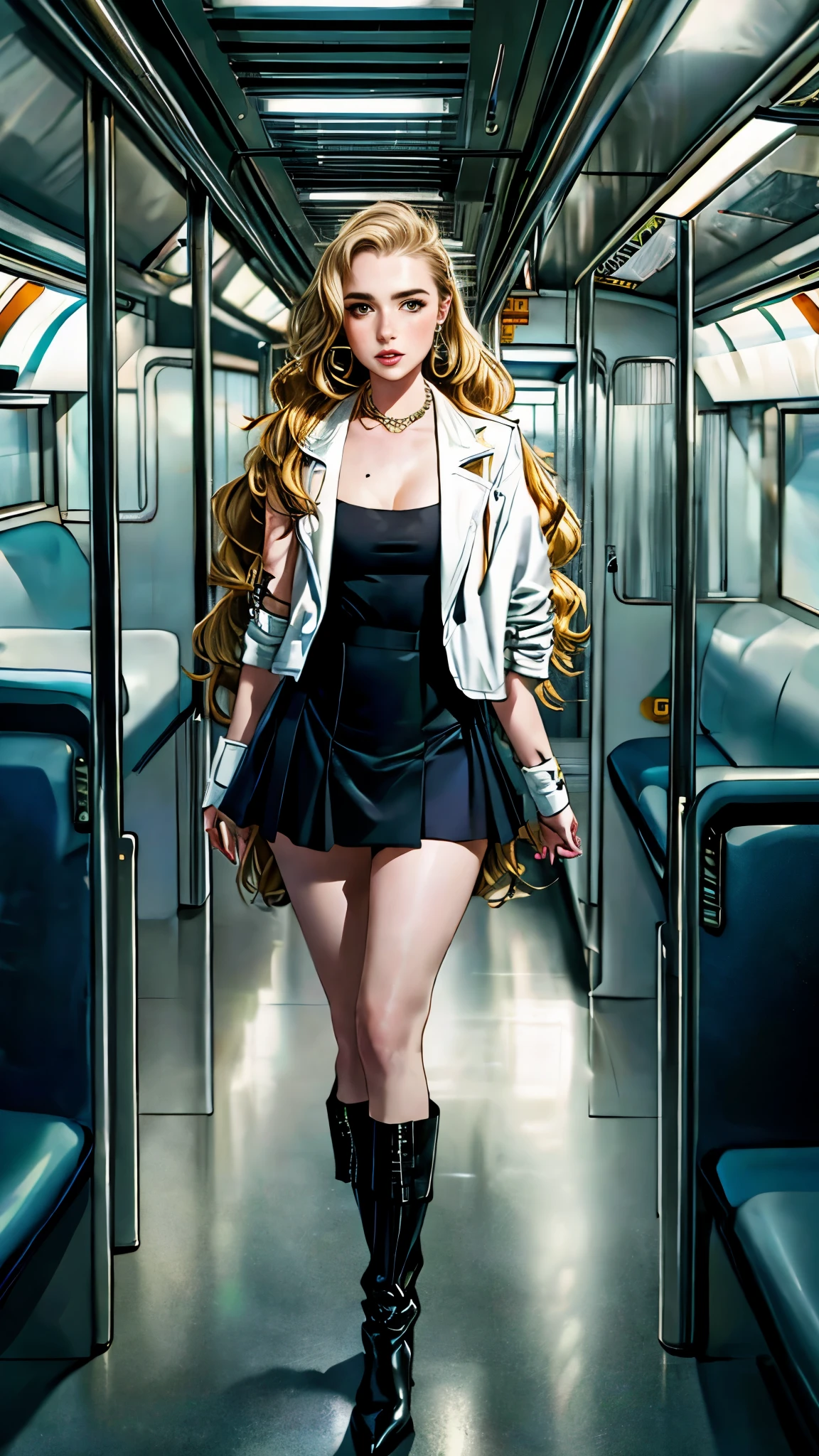 Zoey Deutch, , freckles on her face, light green eyes, large Angola earrings, white top, small cleavage, jacket, mini skirt, sexy black striped pantyhose, high heel boots, full body, bottom shot, very light skin, very long hair, wavy hair, blonde hair, busy subway car, photorealistic, indirect lighting, Volumetric Light, ray tracing, hyper-detailed, best quality, ultra-high resolution, HDR, 8k