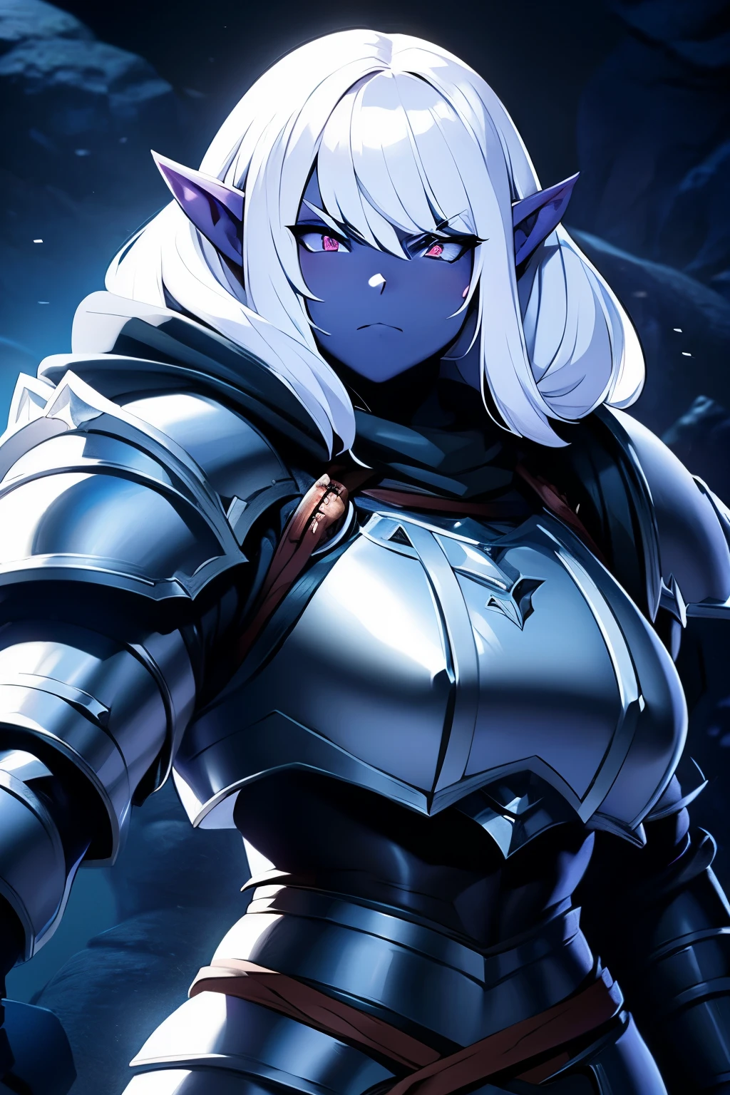 gorgeous and beautiful fantasy dwarf woman, dnd dwarf, solo female, short stature,  black armor, pale blue skin, short white hair, white eyes, frowning, muscled, ultraviolent woman, broad shoulders, knight armor, evil expression, anime, ultra detail, masterpiece. 