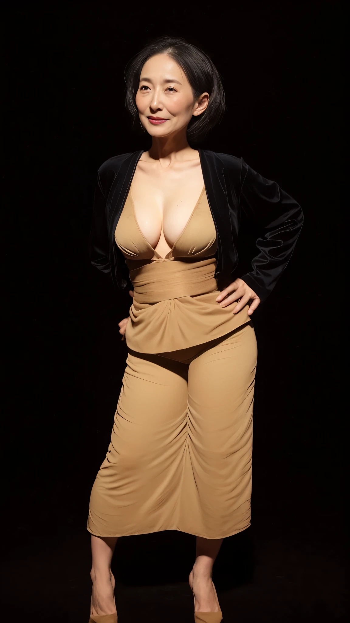 (((pitch black background))):1.3, (((solo))):1.3, gravure, describe the lips correctly, red lipstick, from the chest up, (((beige underwear))):1.3, elderly politician, mature woman, 豊満mature woman, Fancy face, highest quality, Super high quality, realistic, super dense skin, perfect description, (日本人mature woman1人), (erotic), 100 years old, big breasts, Bewitching, Glamour, sexy, pure white skin, looking at the viewer,