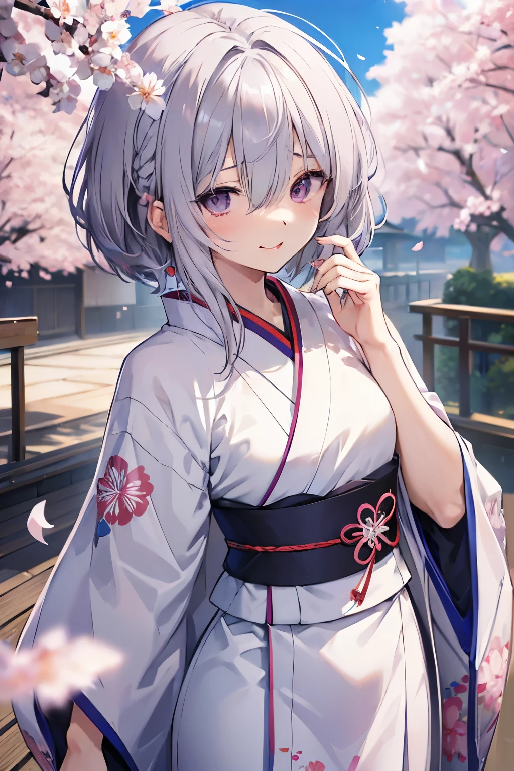 A 18 years old Japanese lady(( small breast, slender)),((put her hands on her mouth )), bluish gray medium hair(( voluminous side undercut hair ))(( much shaggy forelock:1.3)),((hair over both eyes completely:1.5)), tidy yukata ((dianthus patterns )),Japanese style coat((cherry blossoms color )),(( half moon motif’s hairpin )) , shiny pink big round droopy eyes, blush and passionate smile, fearless atmosphere, neatly posing,tongue out, best quality