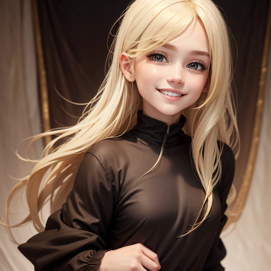 best quality, blond hair, brown eyes, black clothes, Look up, Upper body, Hair, White skin, smiling