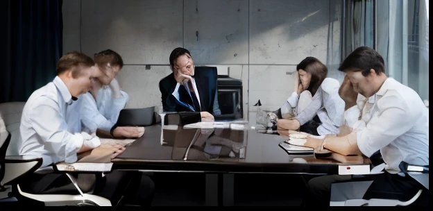 Executive meeting table with five men from a company sitting, the boss at the head with his hands clasped in a sinister position, escena en blanco y negro. ultra hd