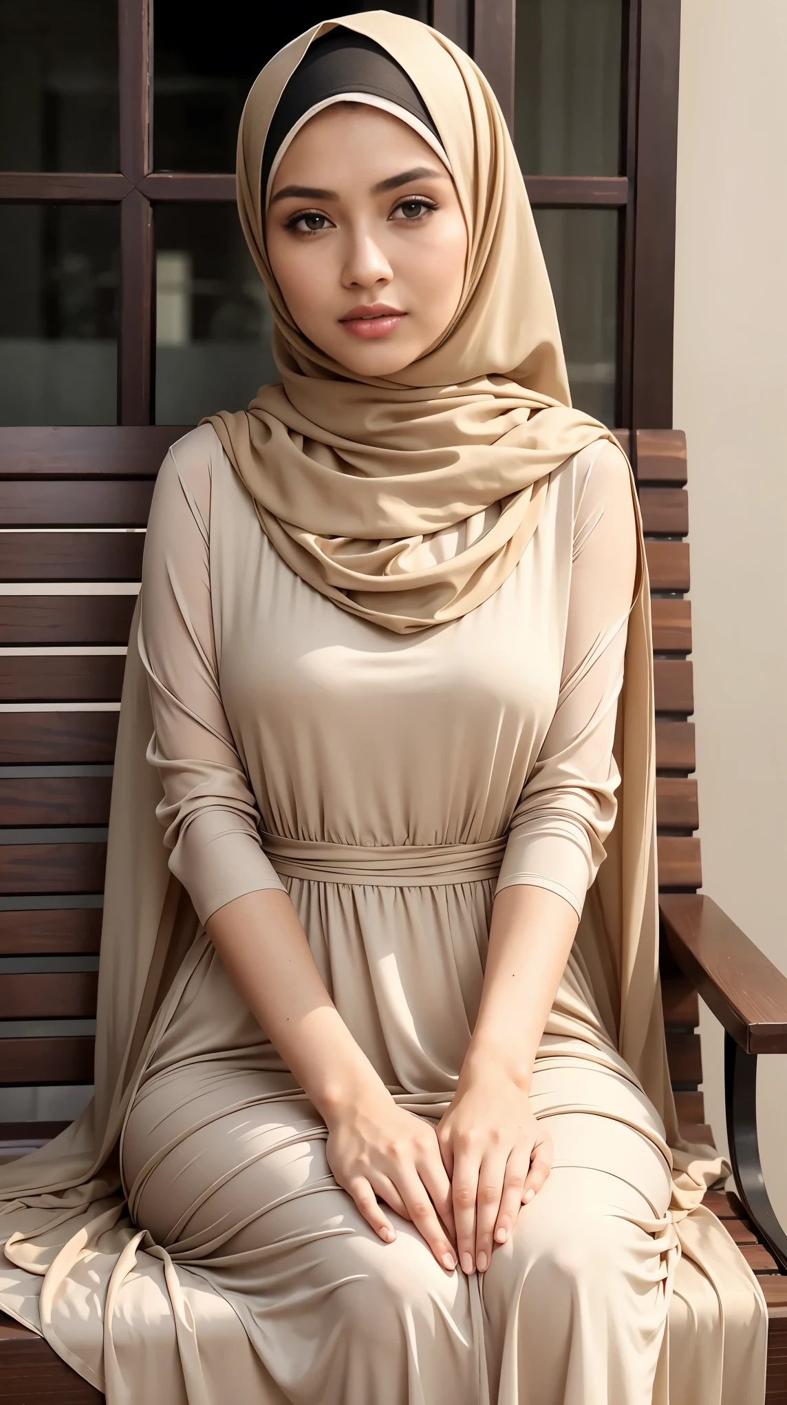(Close Up),RAW, Best quality, high resolution, masterpiece: 1.3), beautiful Malay woman in hijab,Masterpiece, perfect slim fit body,small breast, big gorgeous eyes, Soft smile,beautiful face,thick thighs, woman sitting on a bench wearing a light beige dress and a black purse, simple dress, olive beige, beige dress with a black hood, soft silk dress, long dress female, stylish dress, modest flowing gown, long dress, sophisticated dress, she wears a dark beige dress, olive, flowing dress, hijab, beautiful silky dress, full covered dress, Excellent lighting, Bright colors, Clean lines