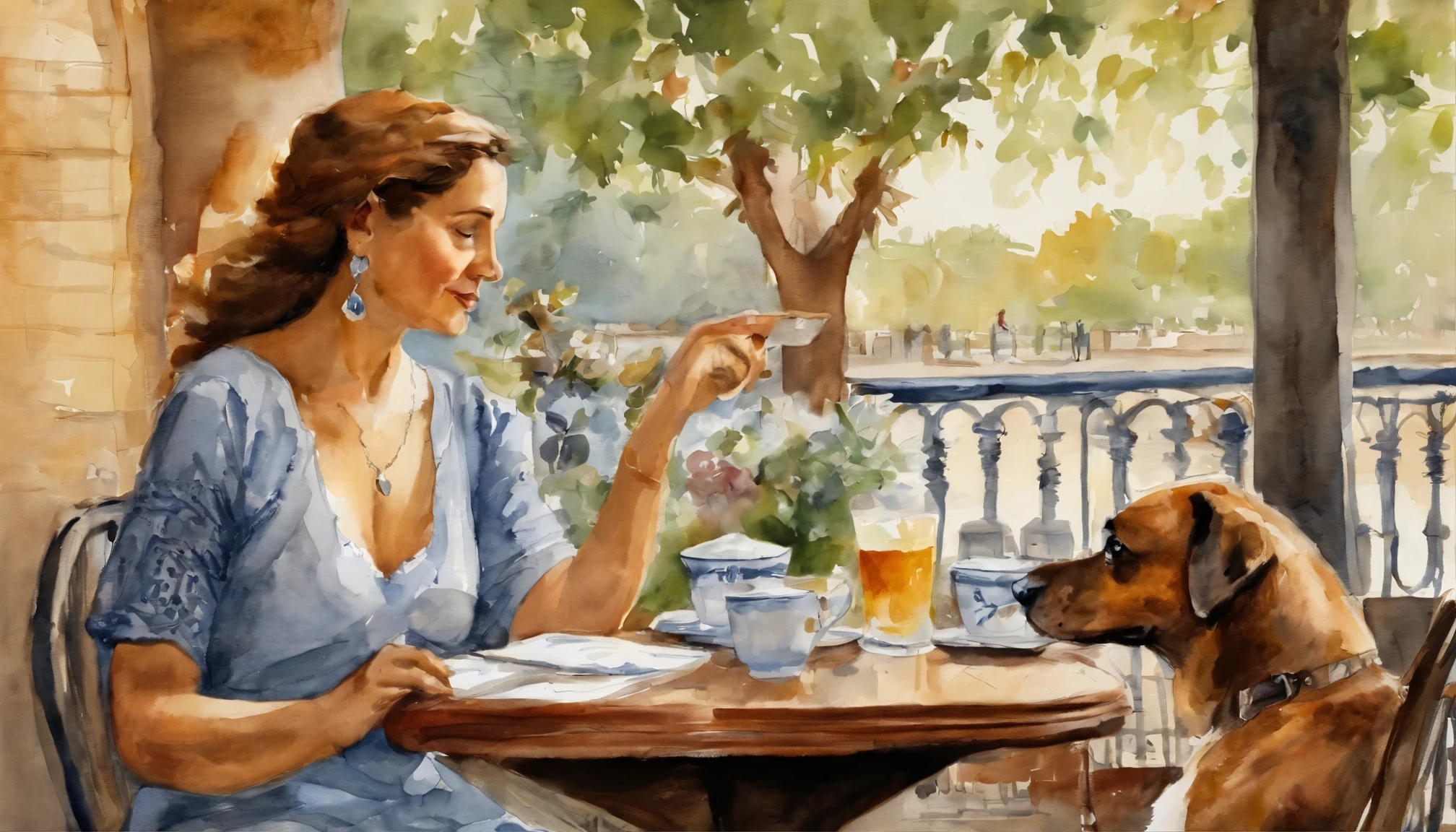 Generate an image of a woman named Emily sitting at a café table with her two dogs, Coco and Baxter, inspired by Luc-Olivier Merson's digital art