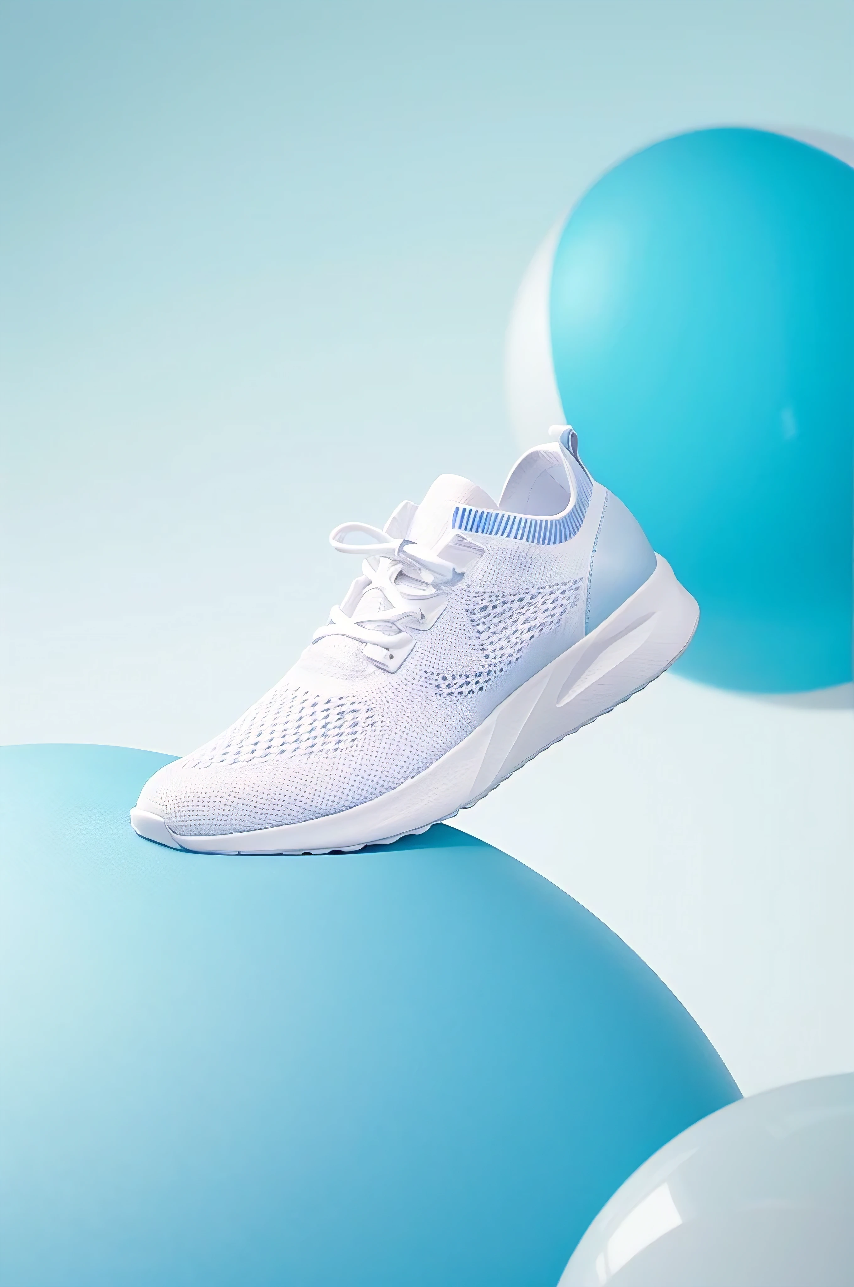 Take off the shoes on the blue ball, clean design, Cold White, sense of the future,clear and clean shapes, White C4D ball,A bit matte feeling,The ball is shiny。