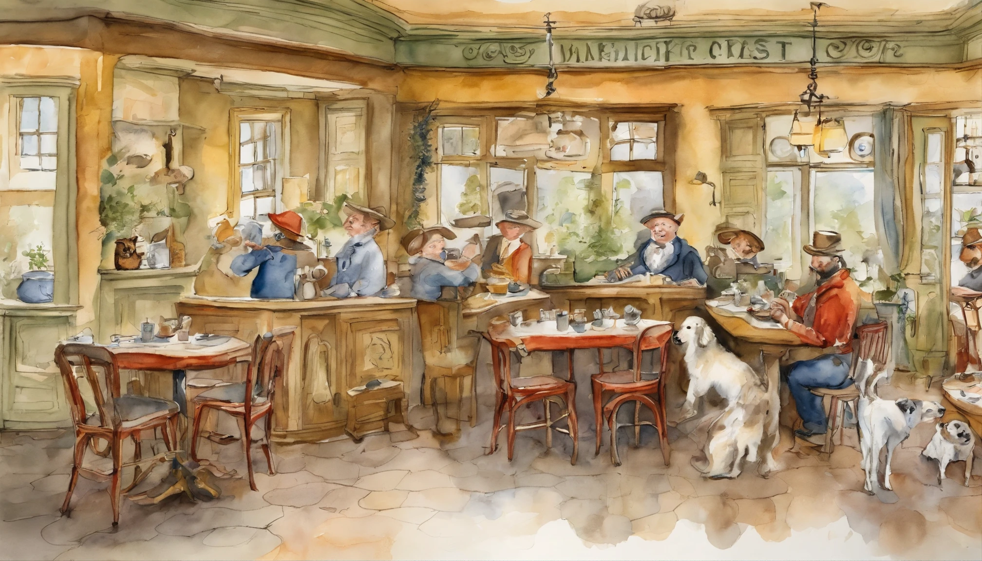 Create a scene resembling a storybook illustration by Randolph Caldecott, showcasing patrons in 'The Canine Corner' café immersed in lively conversations with their dogs.