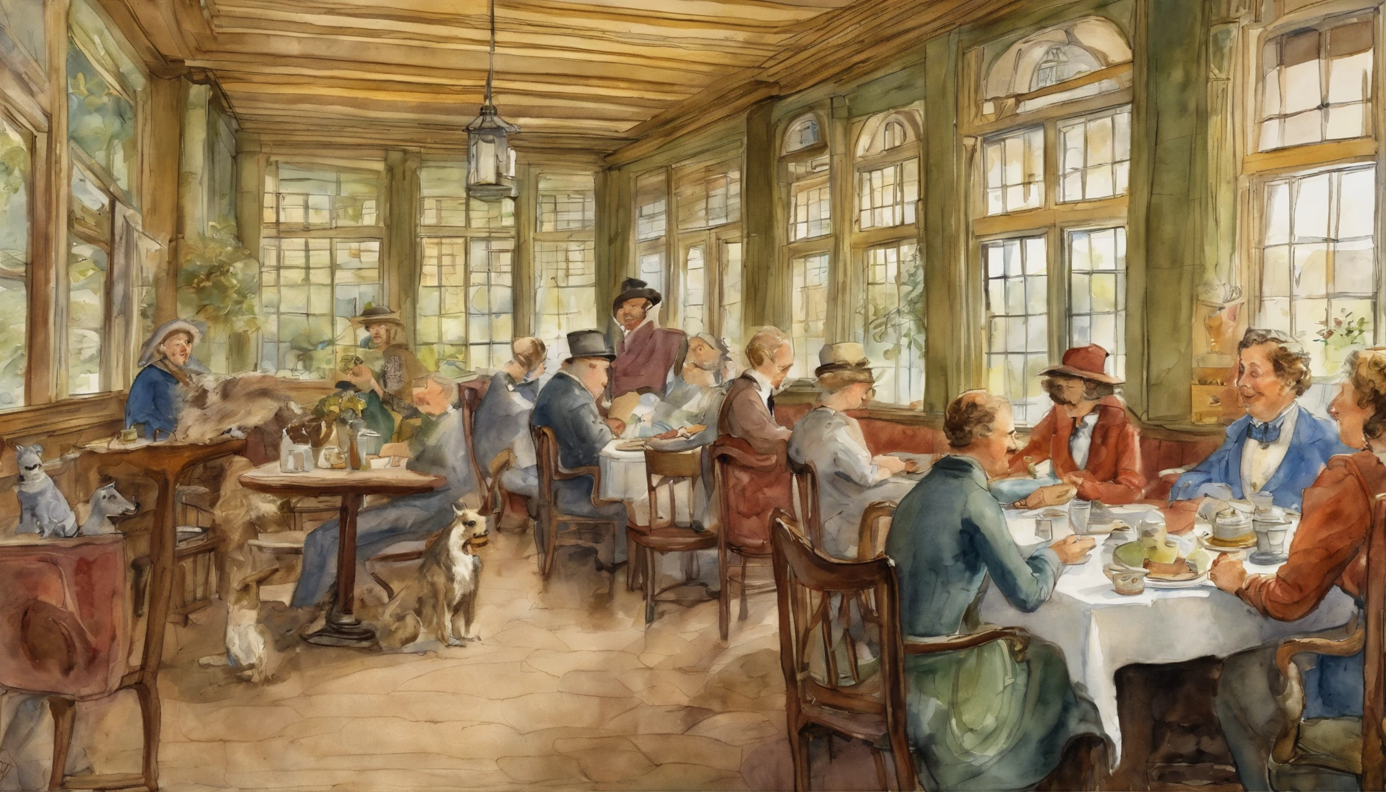 Create a scene resembling a storybook illustration by Randolph Caldecott, showcasing patrons in 'The Canine Corner' café immersed in lively conversations with their dogs.