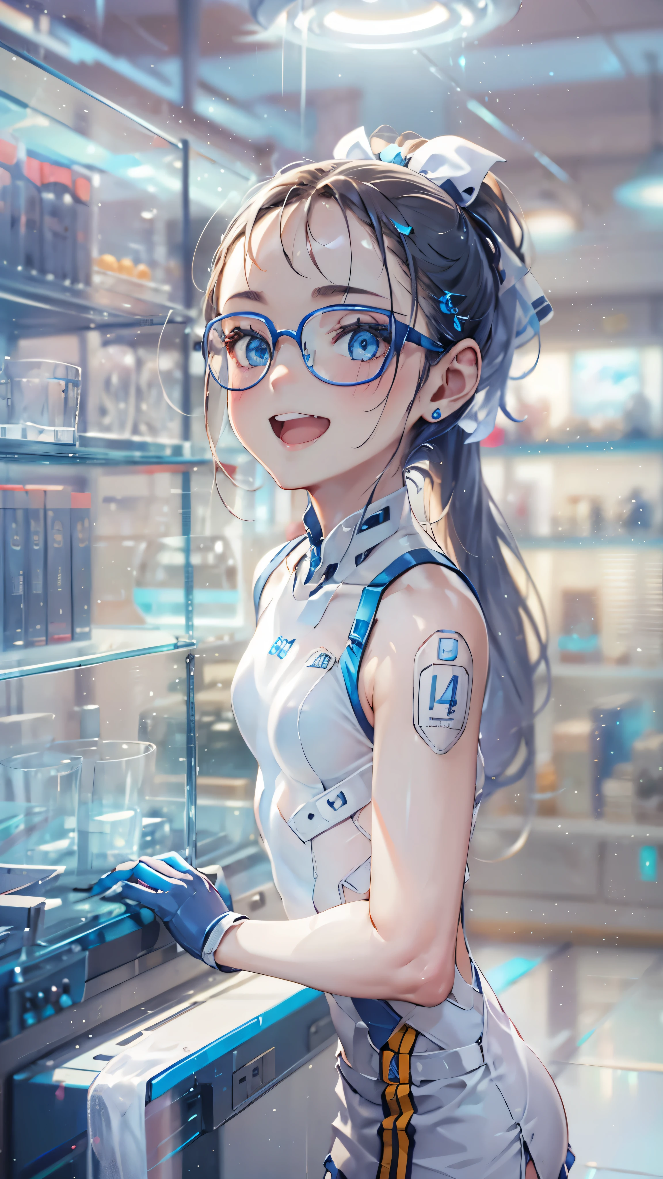 woman,14 years old,Research room,(((white and blue tight miniskirt bodysuit))),,open mouth smile((See-through))Glasses,((Beautiful long ponytail)),((baby girl body shape))