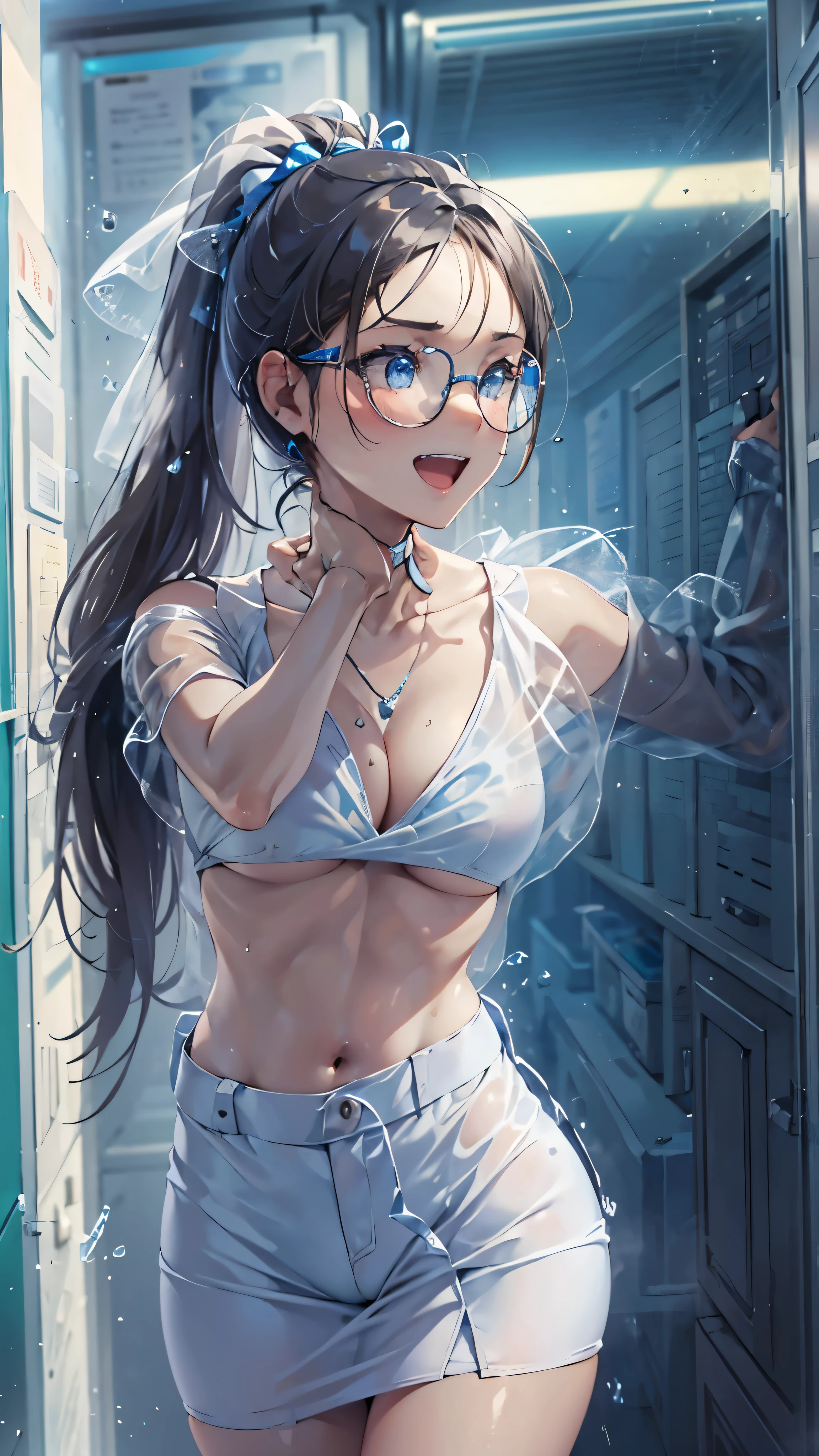 woman,,Research room,(((white and blue tight miniskirt bodysuit))),,open mouth smile((See-through))Glasses,((Beautiful long ponytail)),((baby girl bohape))