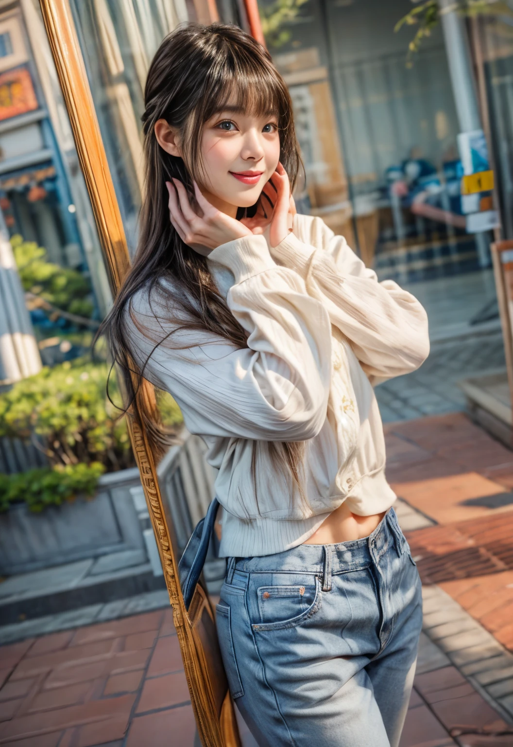 masterpiece、highest quality、cinema、(Detailed both eyes)、(cute japanese woman、bangs:1.3)、23 years old、2 girls、elegant、black hair、(auraroid photo:1.2)、look away、(big smile:1.3)