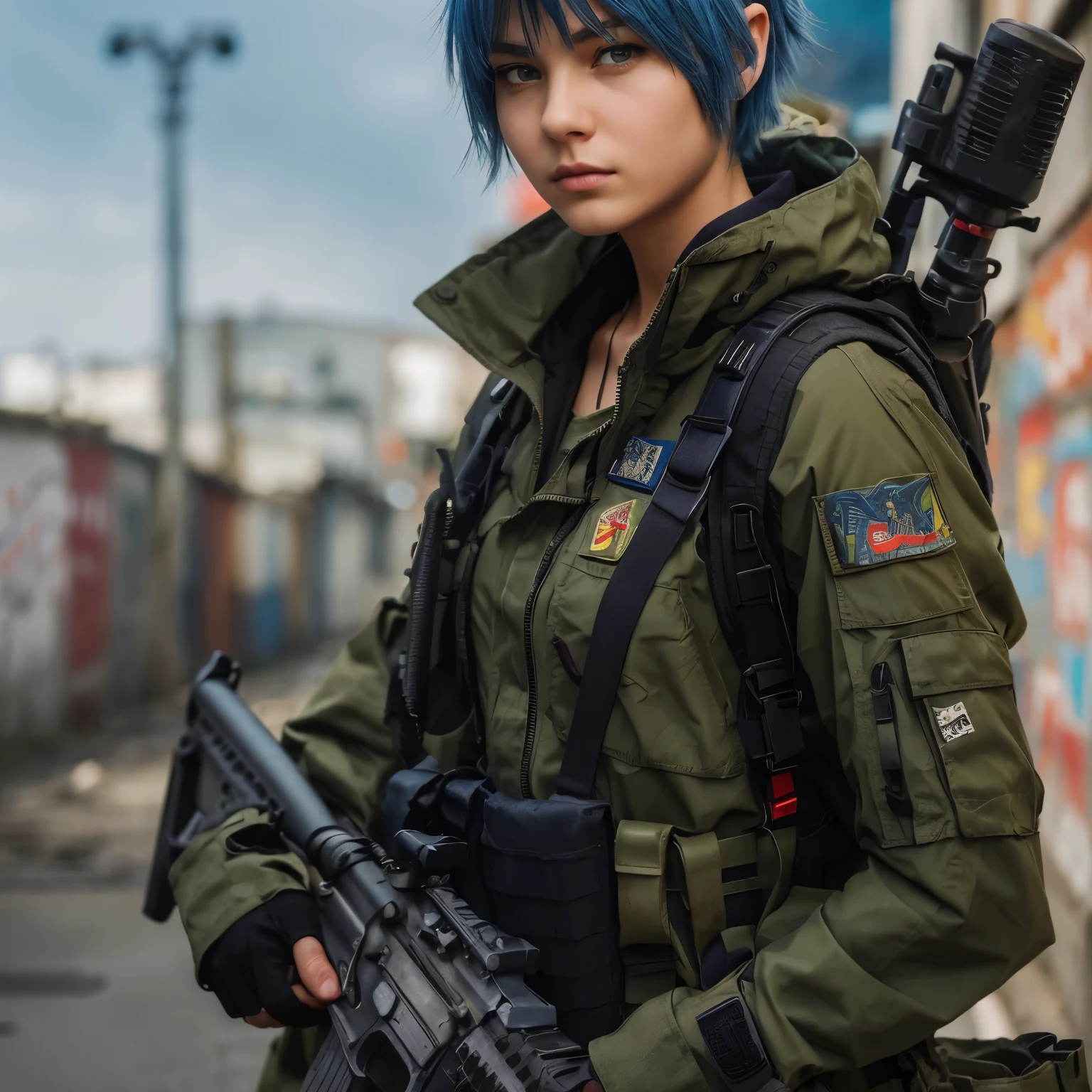 (( kate, short hair with blue highlights )), perfect hands, perfectbody, sensuous, (( Punisher MARVEL comics )), (( ballistic operational military tactical modular vest, blackw, skull printed on chest )), (( blackw ACU MILITARY UNIFORM WITH KNEE PADS )), (( military tactical half-finger paintball gloves blackw microfiber )), (( puppy tag )), (( Red Dragon Motocross Knee Pad )), (( Military Boots in Leather and Canvas Cordura Extra Light Military Tactical Bmbrasil Black )), (( Hammer PRO Belica Waist Holster ) ), Jumpy, blackw hair, shorth hair, im a blackw motorcycle kawazaki ninja,cinematic lighting, Hyper-Realism, multiple view, Nikon, multiple view, work of art, texturized skin, high resolution, 8K