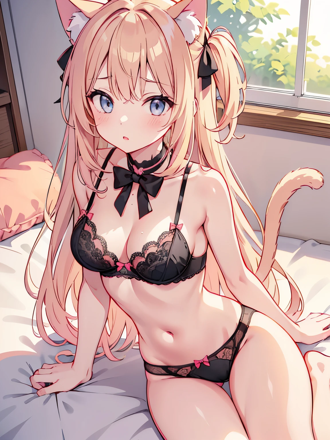 masterpiece, {{{{Highest quality}}}}, beautiful,NSFW,1 girl, blonde_hair, cat ears(blonde), cat tail(blonde), {{{underwear only}}}, {{{bow bra(salmon pink)}}},{{{bow panties(salmon pink)}}}, lace-trimmed bra(salmon pink), lace-trimmed panties(salmon pink), {{{bow bra(black)}}},{{{bow panties(black)}}}, lace-trimmed bra(black), lace-trimmed panties(black), lace trim(black), a choker、selfee、piece、taking a picture of oneself (esp. with cellphone camera), self_shot
