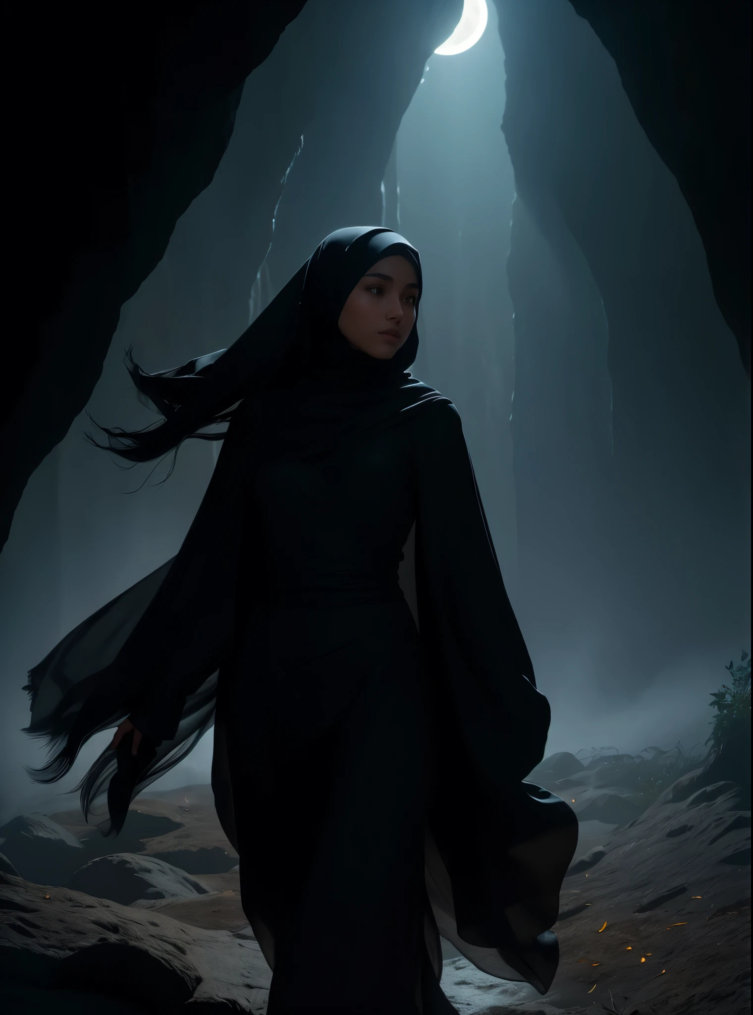 (best quality,highres,ultra-detailed,realistic:1.37),silhouette of hijab girl with silky long dresswalking out of the darkest cave, leafing the viewers, dramatic lighting,subtle glow,soft mist,serene atmosphere,gentle breeze,moonlit night,hauntingly beautiful,charcoal sketch-inspired,contrast of light and shadow,details of flowing hair,graceful posture,subtle contours,depth and texture,ethereal feel,sublime beauty,dreamlike quality,striking contrast between darkness and light,vibrant colors in the background,subdued colors on the silhouette,a hint of vulnerability and strength,secrets and mysteries of the night,peaceful and empowering imagery