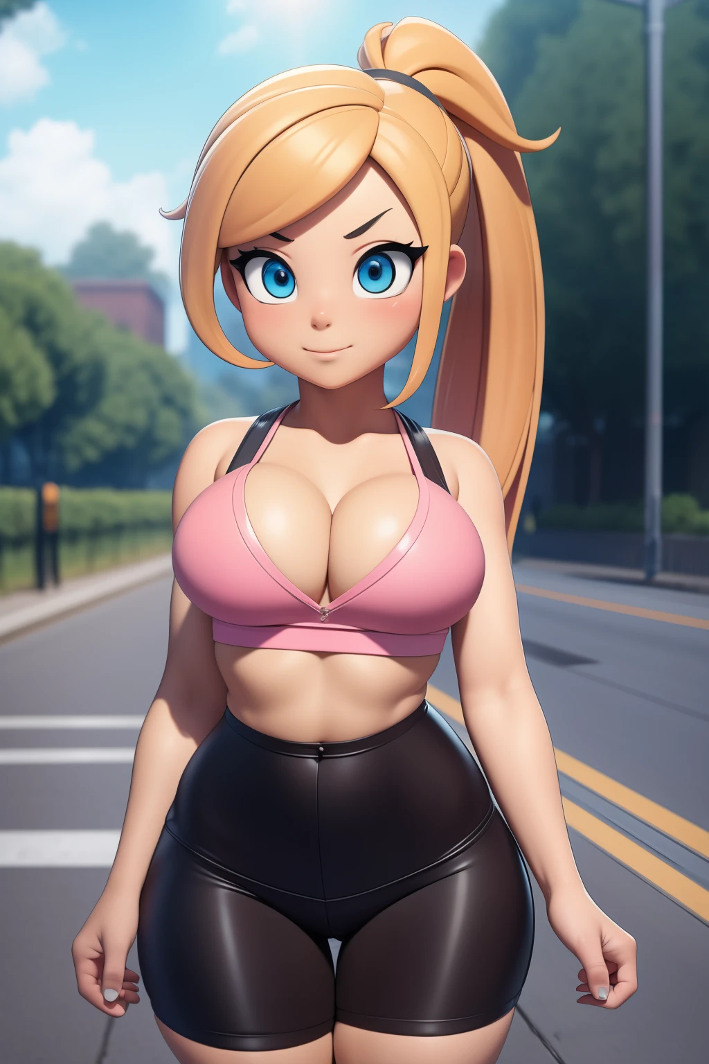 4k, masterpiece, highly detailed, realistic, detailed face, detailed eyes, detailed nose, featured on danbooru, fit Gamer girl , (blonde ponytail) with pink streak highlights, thick thighs, tomboy, tomboy proportions, high and wide hips, small waist, narrowed eyes, park bench, bike shorts, tight spats, (spats), micro shorts, cloudy day, near train tracks, bike rack, weak wilted plants, cracks in sidewalk, butterflies and daisies, sunlight shining on character, big ass, amazing shading, looking at viewer, erect , flashing breasts, pulling down top,