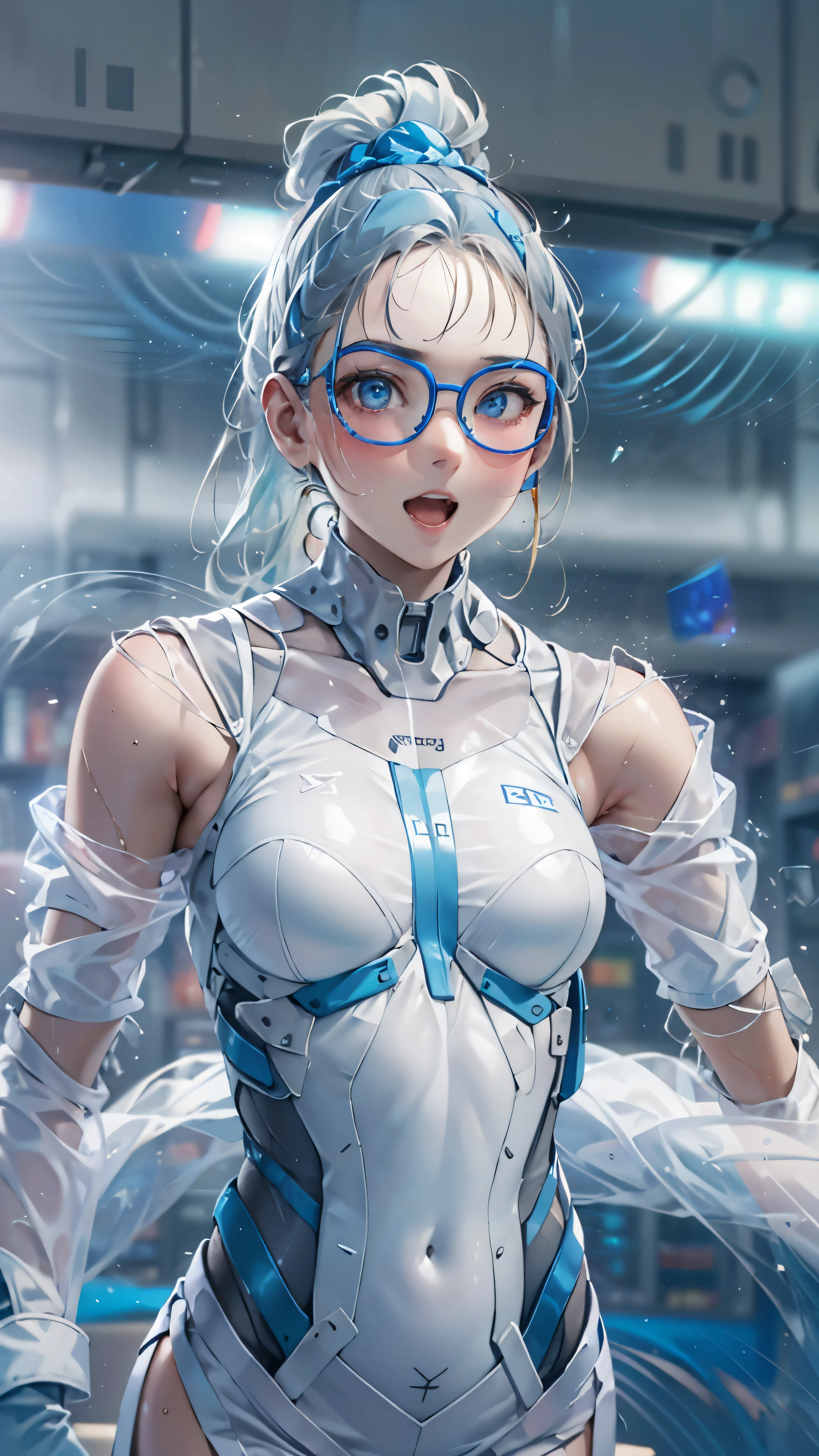 woman,14 years old,Research room(((white and blue tight miniskirt bodysuit))),,open mouth smile((See-through))Glasses,((Beautiful long ponytail)),((baby girl body shape))((blonde))