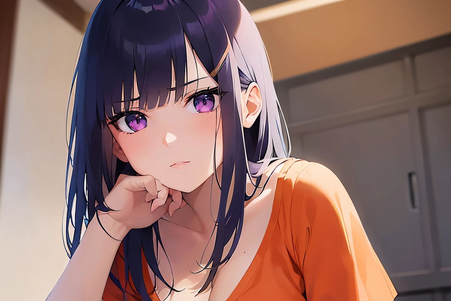 medium shot, Stroking cheek, Shooting from below, cinematic angle, Realistic, real person, RAW photo, photorealistic, portrait photography, shiny skin, japanese idol、(A 20-year-old woman with black bangs and purple eyes.) and (blunt bangs) and (straight midium hair), cleavage, (She is wearing an orange V-neck cut-and-sew shirt.:1.5)、(annoyed:1.2), open moth, blush, The background is the living room、Alone、Are standing