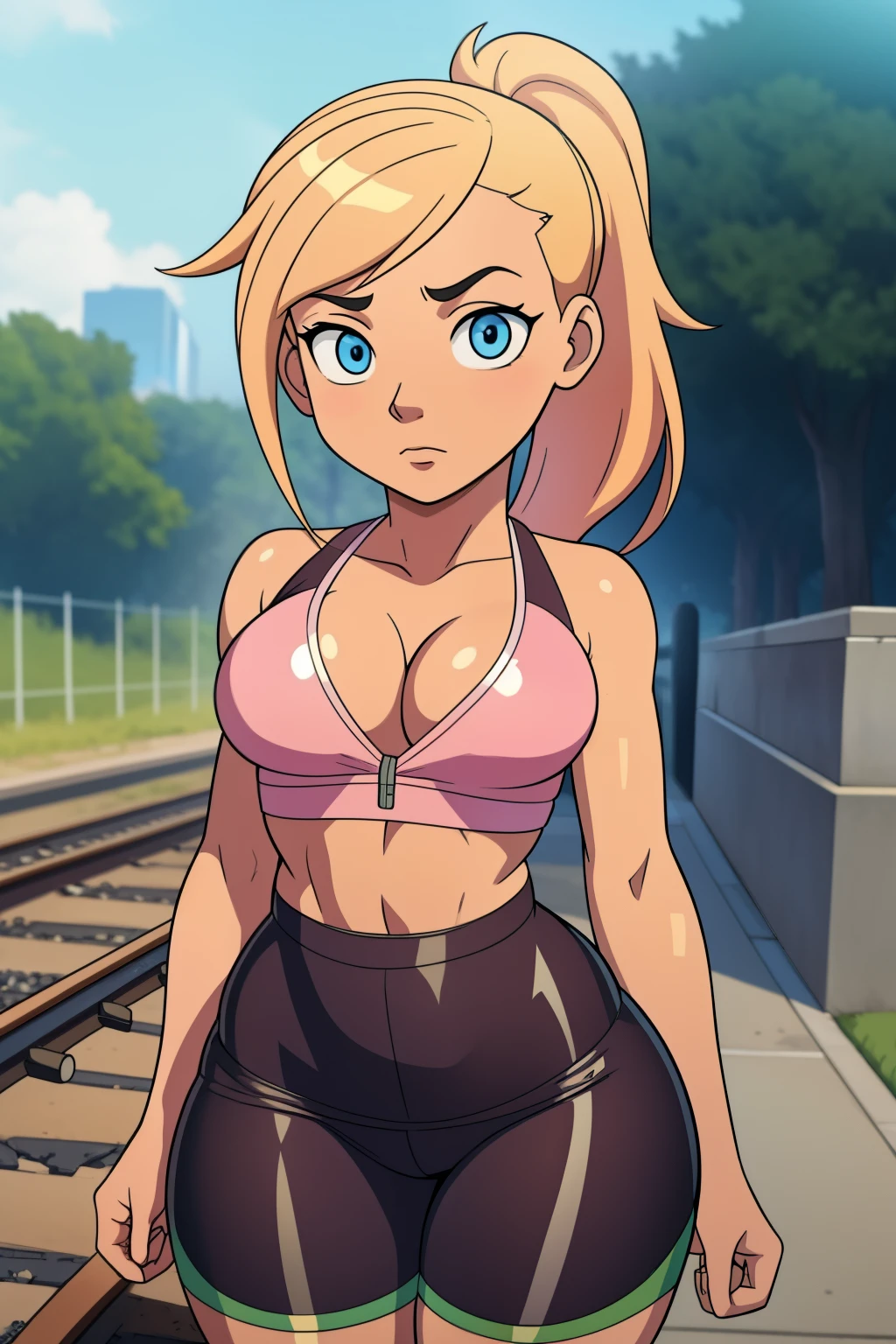 4k, masterpiece, highly detailed, realistic, detailed face, detailed eyes, detailed nose, featured on danbooru, fit Gamer girl , (blonde ponytail) with pink streak highlights, thick thighs, tomboy, tomboy proportions, high and wide hips, small waist, narrowed eyes, park bench, bike shorts, tight spats, (spats), micro shorts, cloudy day, near train tracks, bike rack, weak wilted plants, cracks in sidewalk, butterflies and daisies, sunlight shining on character, big ass, amazing shading, looking at viewer, erect , flashing breasts, pulling down top,