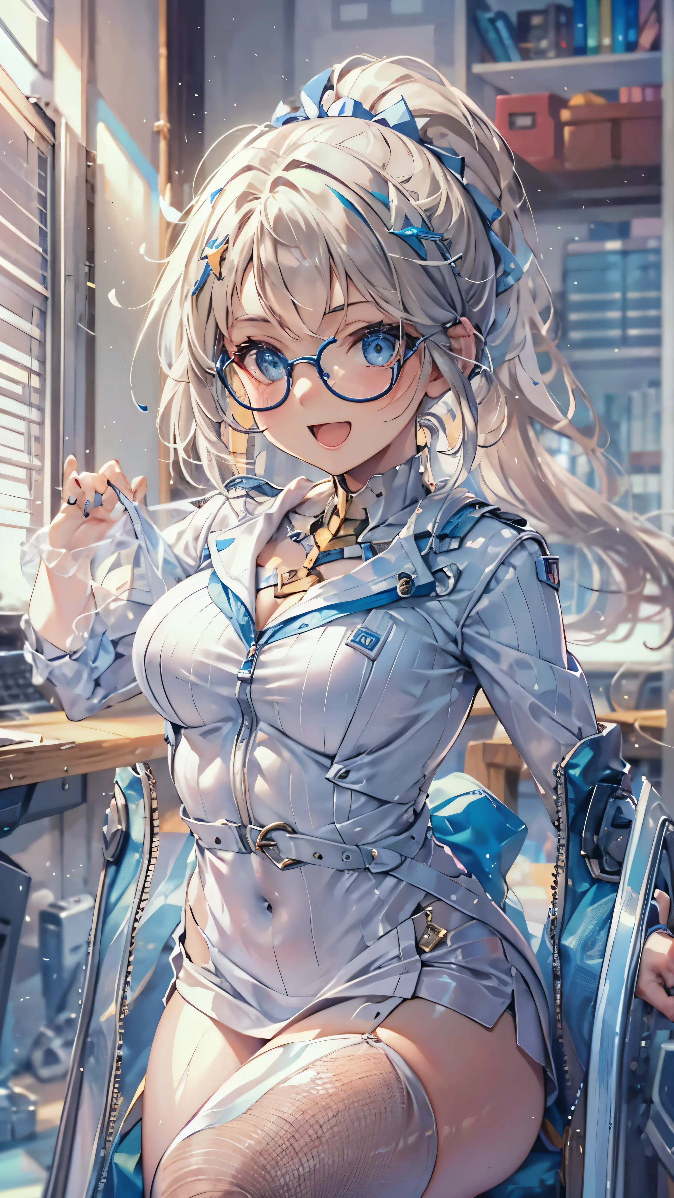woman,,Research room(((white and blue tight miniskirt bodysuit))),,open mouth smile((See-through))Glasses,((Beautiful long ponytail)),((baby girl bo)((blonde))