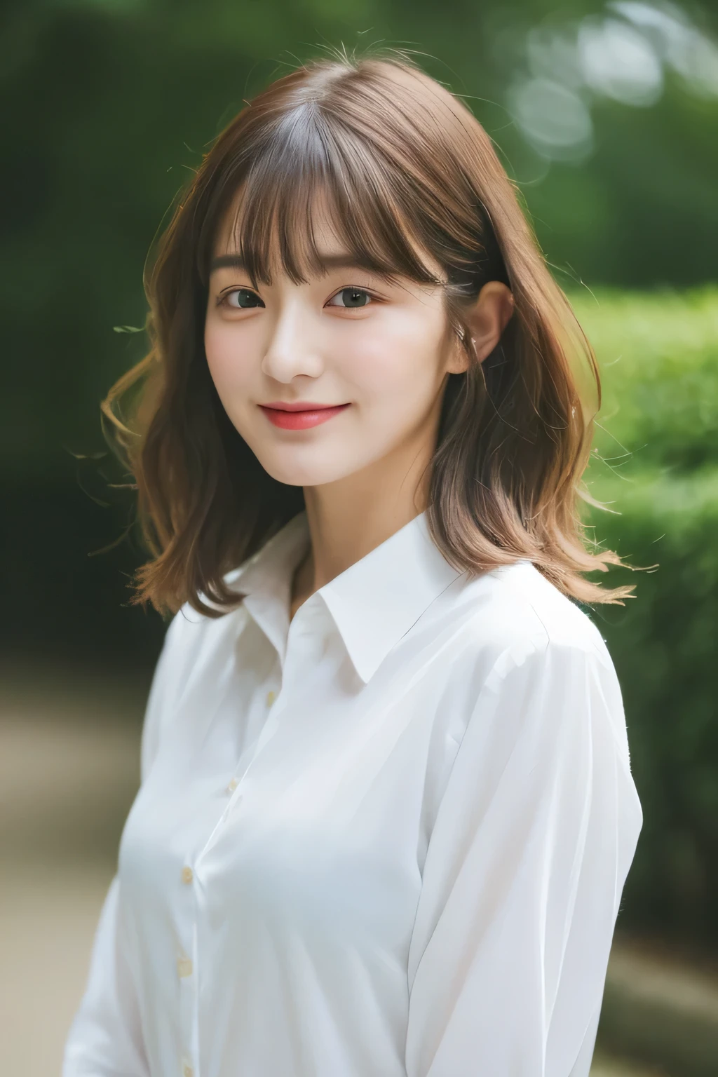 ((highest quality、8K、masterpiece:1.3))、sharp focus:1.2、beautiful woman with perfect figure:1.4、、(layered hairstyles:1.2))、(Wet white buttoned long shirt:1.3)、rain:1.3、street:1.2、wet body:1.1、Highly detailed face and skin texture、fine eyes、double eyelid、、laughter、garden、With bangs、wavy shoulder length hair、