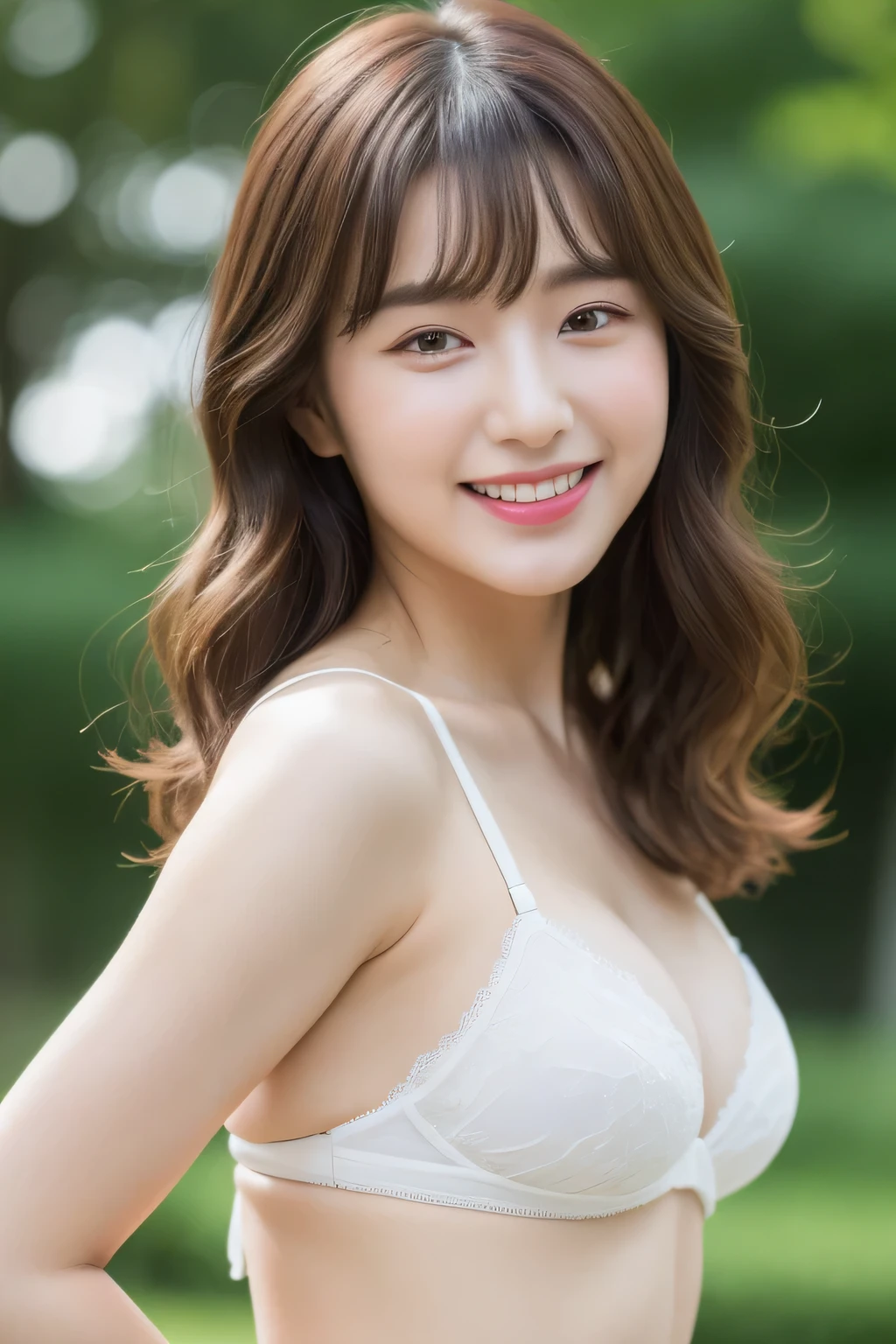 ((highest quality、8K、masterpiece:1.3))、sharp focus:1.2、beautiful woman with perfect figure:1.4、、(layered hairstyles:1.2))、(white sexy panties、white sexy and naughty bra、G-cup big breasts)、Asahi、street:1.2、Highly detailed face and skin texture、fine eyes、double eyelid、、laughter、garden、With bangs、wavy shoulder length hair、best smile、whole body、whole bodyを撮影する、sexy ass