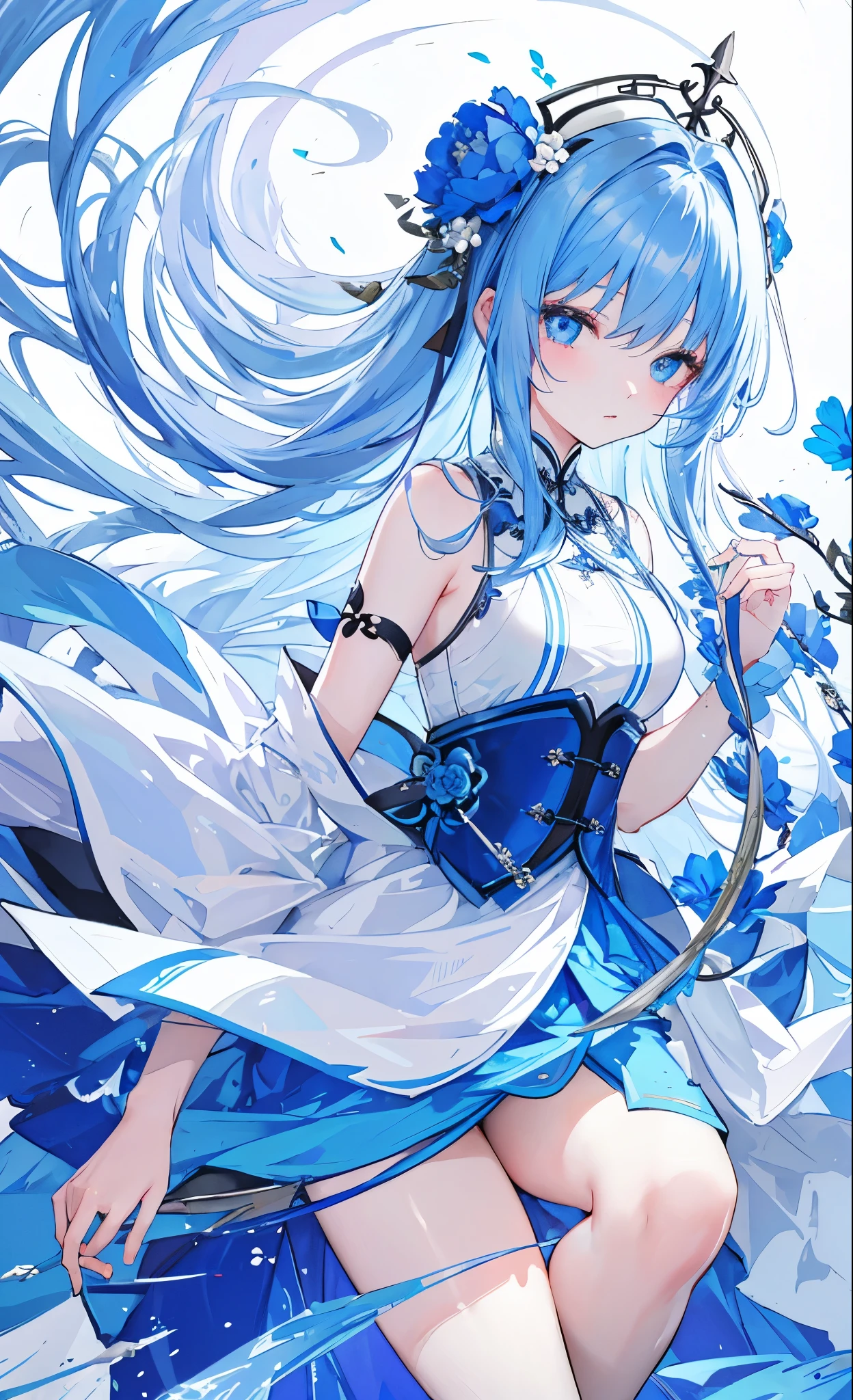 Blue peony flowers for decoration,Long light blue hair,Dark blue and white clothes,Fairy Sister of Hehuan Sect,A crazy beauty who knows how to whip slaves!