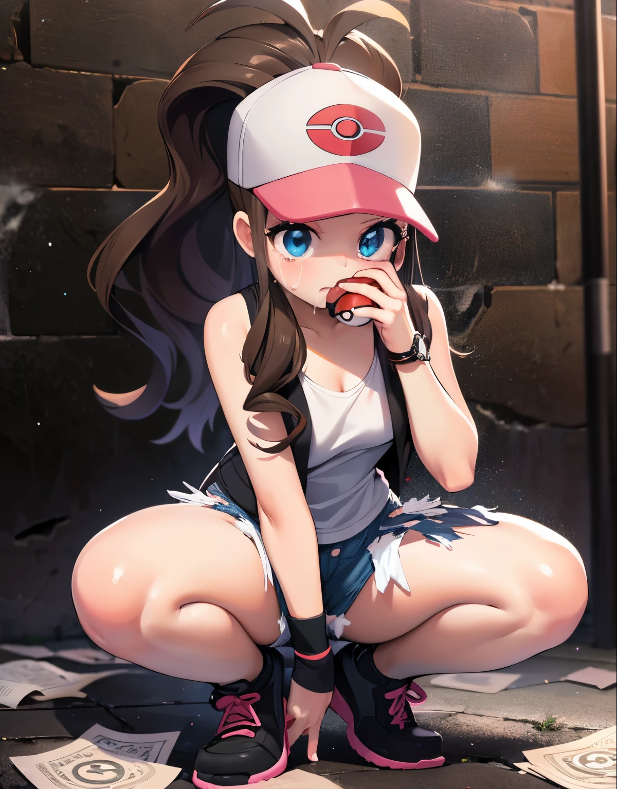 Hilda Pokemon,def1,dark alley,sitting on her legs,knees together,visible thighs,thick thighs,curvy body,beautiful eyes, detailed eyes,tears running down her face,wiping her tears,looking at the camera,torn clothes, cum on mouth, cum on face, bukkake, holding a pokeball in hand, money on the floor, downblouse, money in the neckline, (best quality,4k,8k,highres,masterpiece:1.2),ultra-detailed,(realistic,photorealistic,photo-realistic:1.37),gritty,grungy,dimly lit,dramatic lighting,emotionally charged,detailed background,broken bricks and graffiti,abandoned building,despair,loneliness,shadows and highlights,hopelessness,bright color palette,stylish pose,hair blowing in the wind,determined expression,captivating eyes