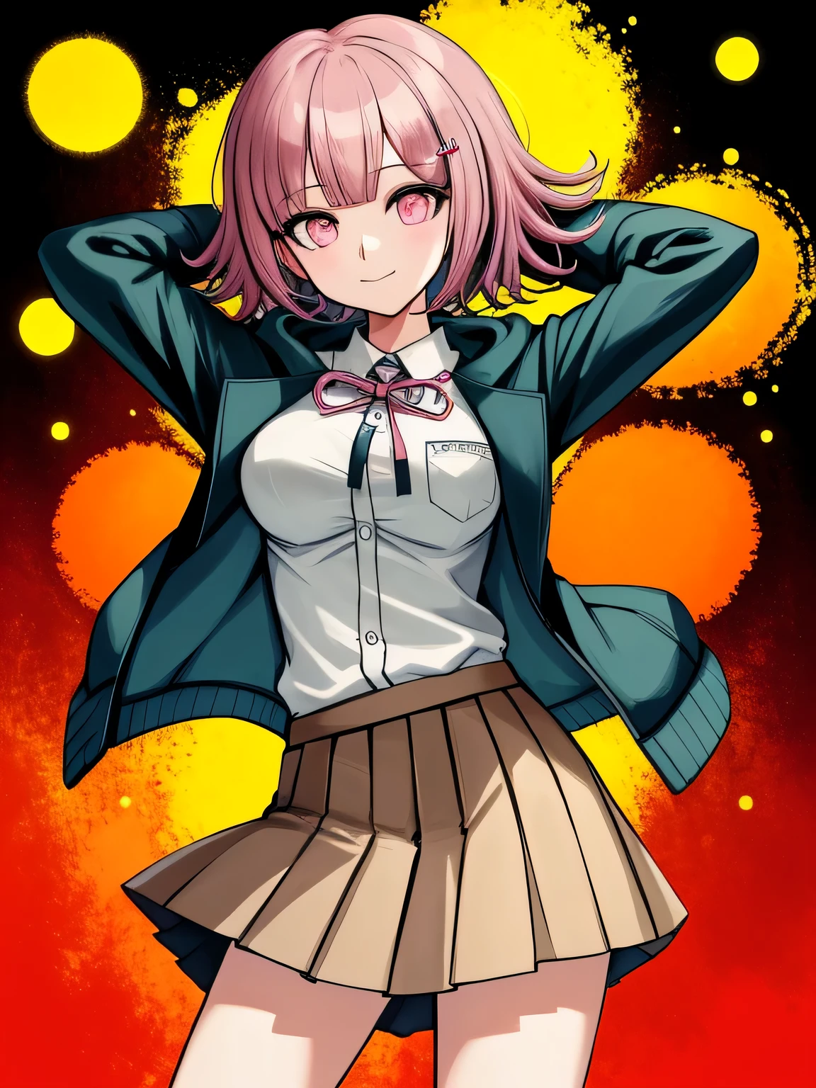 1girl, solo, hair ornament, shirt, jacket, ribbon, skirt, dress shirt, pink ribbon, open clothes, pleated skirt, white shirt, neck ribbon, collared shirt, hood, open jacket, looking at viewer, black jacket, long sleeves, shirt tucked in, brown skirt, hairclip, cowboy shot, two-tone shirt, hooded jacket, breasts, medium hair, closed mouth, solo, cowboy shot, night sky, forest, arms behind head, contrapposto, shy smile, spread armpits,