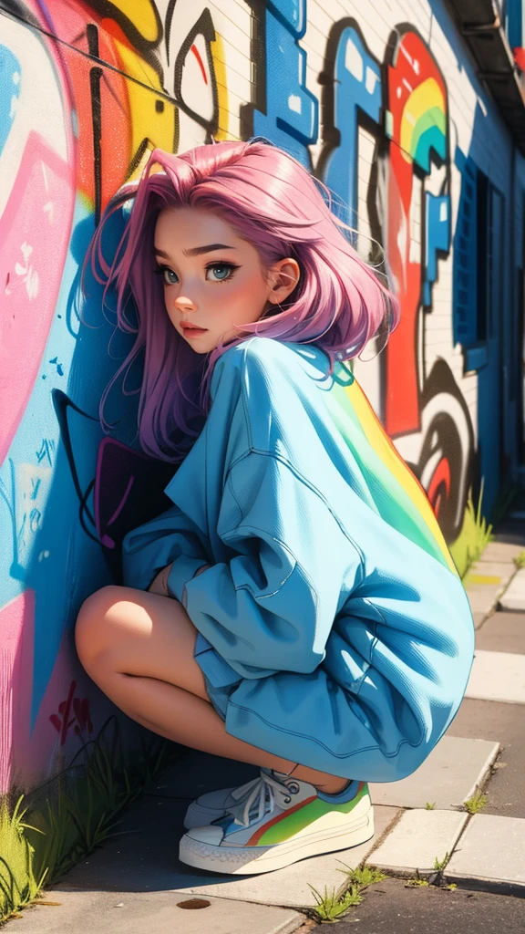 front view, natural lighting, a beautiful woman with long rainbow-colored hair, blue eyes, delicate face, dressed in hip hop style clothes, colorful All Star sneakers, squatting position leaning against the wall, in a graffiti-covered alley, urban style, 4k, hdr 

