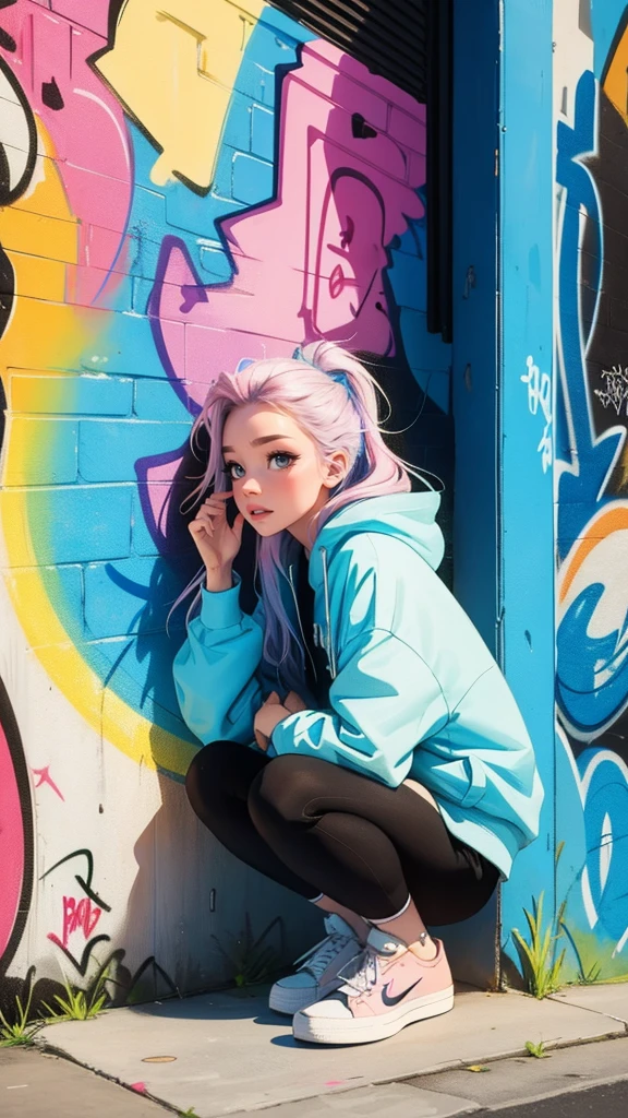 front view, natural lighting, a beautiful woman with long rainbow-colored hair, blue eyes, delicate face, dressed in hip hop style clothes, colorful All Star sneakers, squatting position leaning against the wall, in a graffiti-covered alley, urban style, 4k, hdr 

