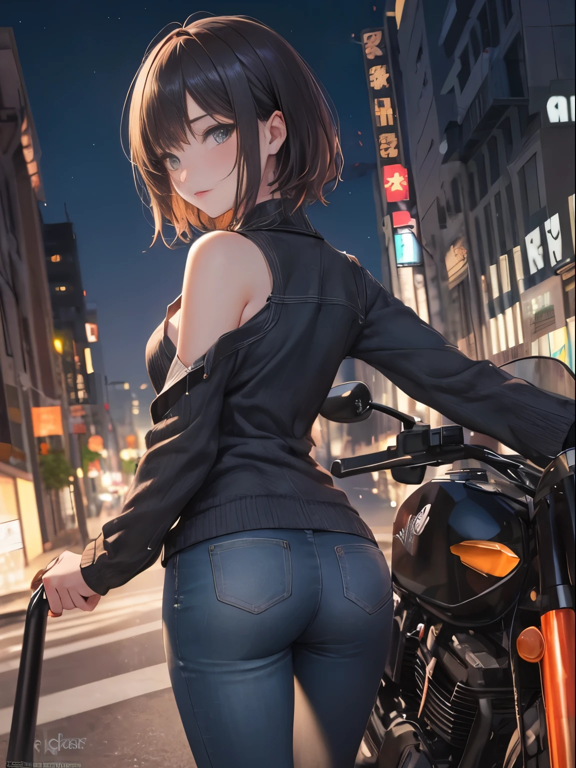 official art,short hair girl,The style of clothing is black,skinny dark jeans,short shoulder-length hair,The ends of her hair are dyed orange,It's night,Overall dark black tone,8k wallpaper,beauty and aesthetic,master piece,best quality,Static angle,Sexy,fauvism design,atmospheric acid salts,wait on the bike,Riding a black motorcycle,There's a pink bear behind the bike,The girl has a helmet in her hand,waiting