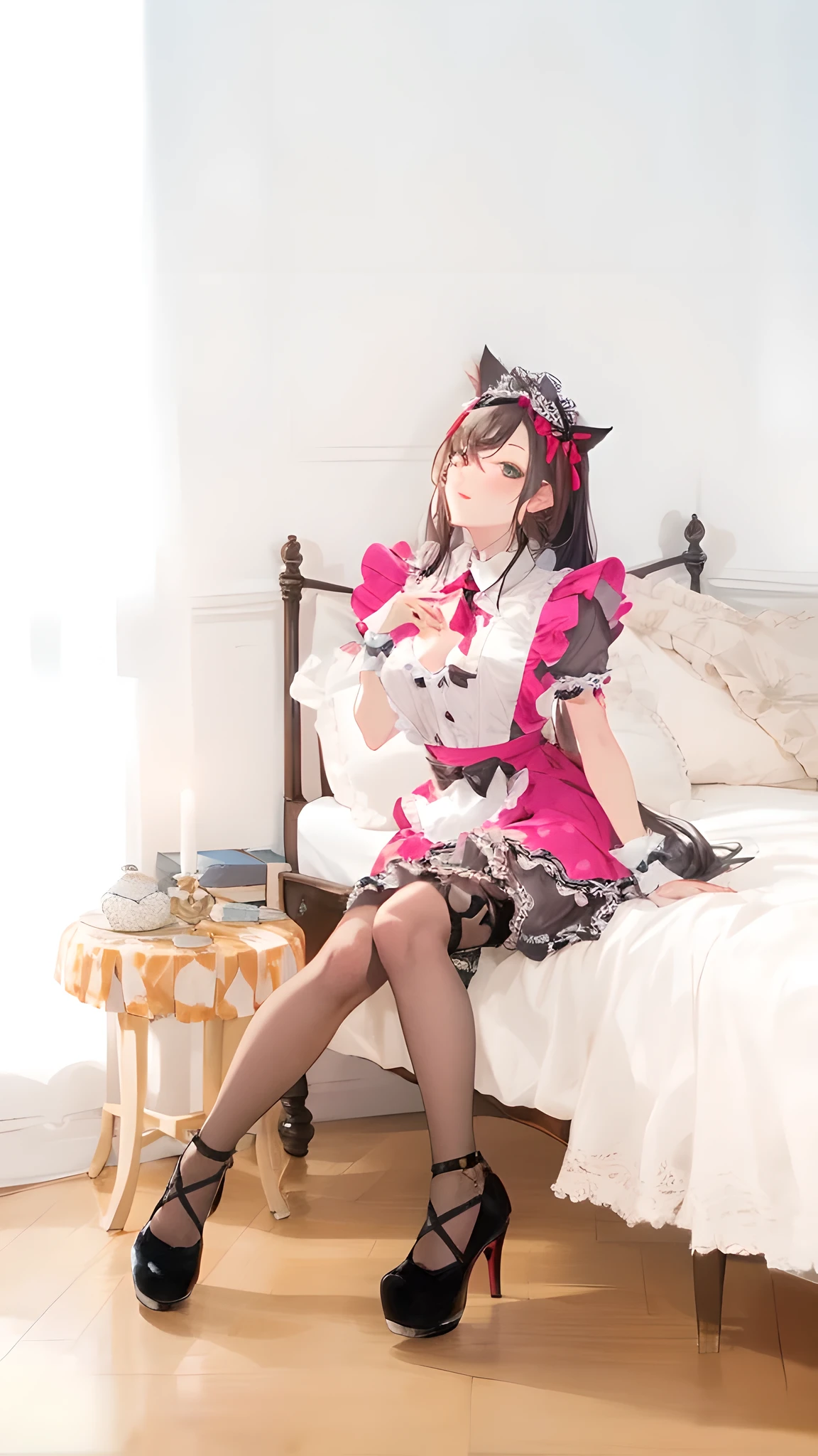 there is a woman sitting on a bed with a cat costume, gorgeous maid, anime girl in a maid costume, maid outfit, japanese maid cafe, maid dress, anime cat girl in a maid costume, cosplay of a catboy! maid! dress, sakimichan, wearing maid uniform, cosplay, maid, a sexy maid in a magical forest, maid costume