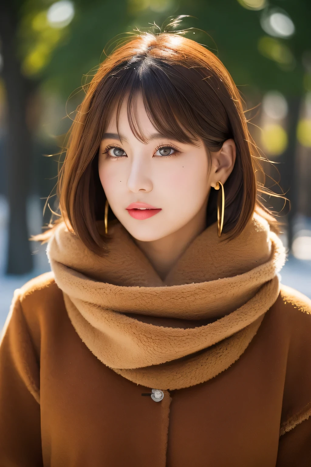 1 girl, just_wood, Brown_eye, Brown_hair, building, coin, cross_earrings, earrings, fur, fur trimmed_coin, fur_collar, fur_scarf, fur_trim, jewelry, lips, shorthair, looking for_in_viewer, outdoor, snow, snow, 一人in, wood, upper_body, winter, winter_Clothes, become familiar with_eye,big breasts, Bring your arms closer together, chest facing camera, big, stick out ears, Golden rinio face, Golden rinio body, highest quality, ultra high resolution, 前hair