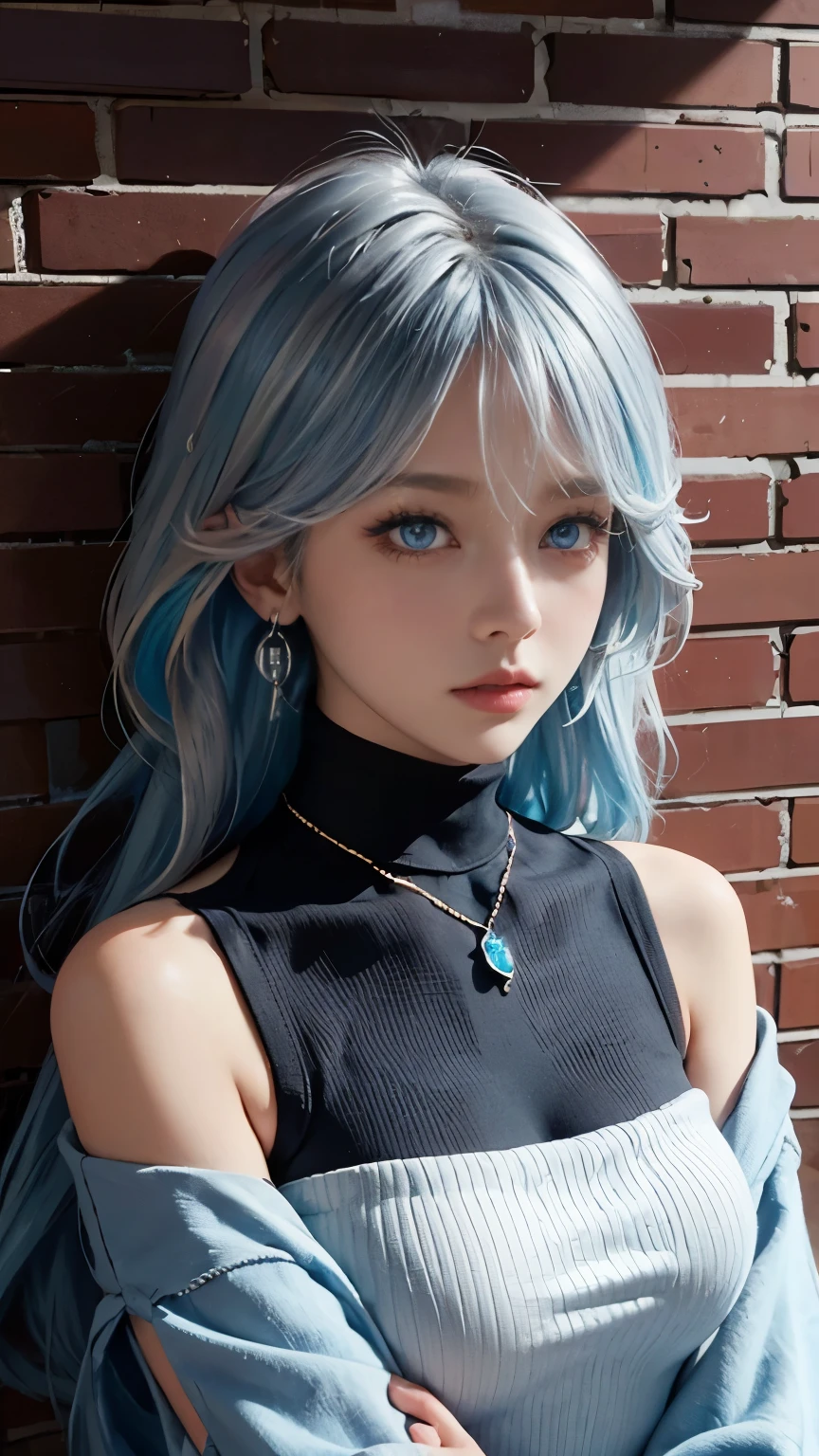 (masterpiece,outstanding,1girl,solo,intricate details,Color difference),realism,(medium breathing)),Off the shoulders,big,巨big的山雀,sexy,Eight Emiko,long blue hair,Silver Headwear,red highlights,hair above one eye,blue eyes,earrings,sharp eyes,Perfectly symmetrical figure,Choker,neon shirt,slit jacket,turtleneck sweater,Against the wall,brick wall,Graffiti,dim lights,alley,looking at the audience,((make sense,enchanting,charming) ),(Sakura background))),红brick wall的背景