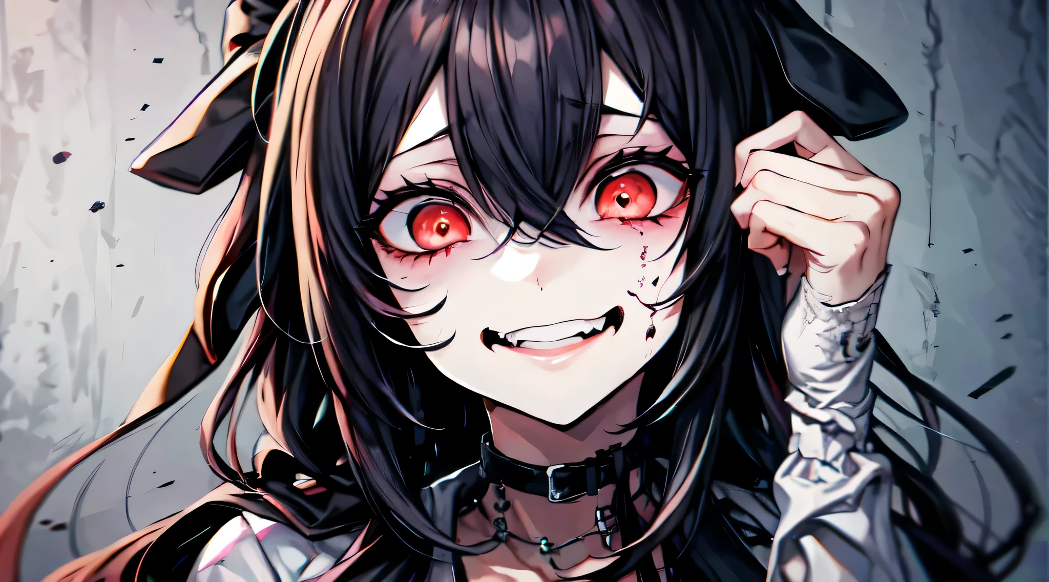 Yandere, 1fille, cheveux longs noirs, visage effrayant, les yeux rouges, sangs