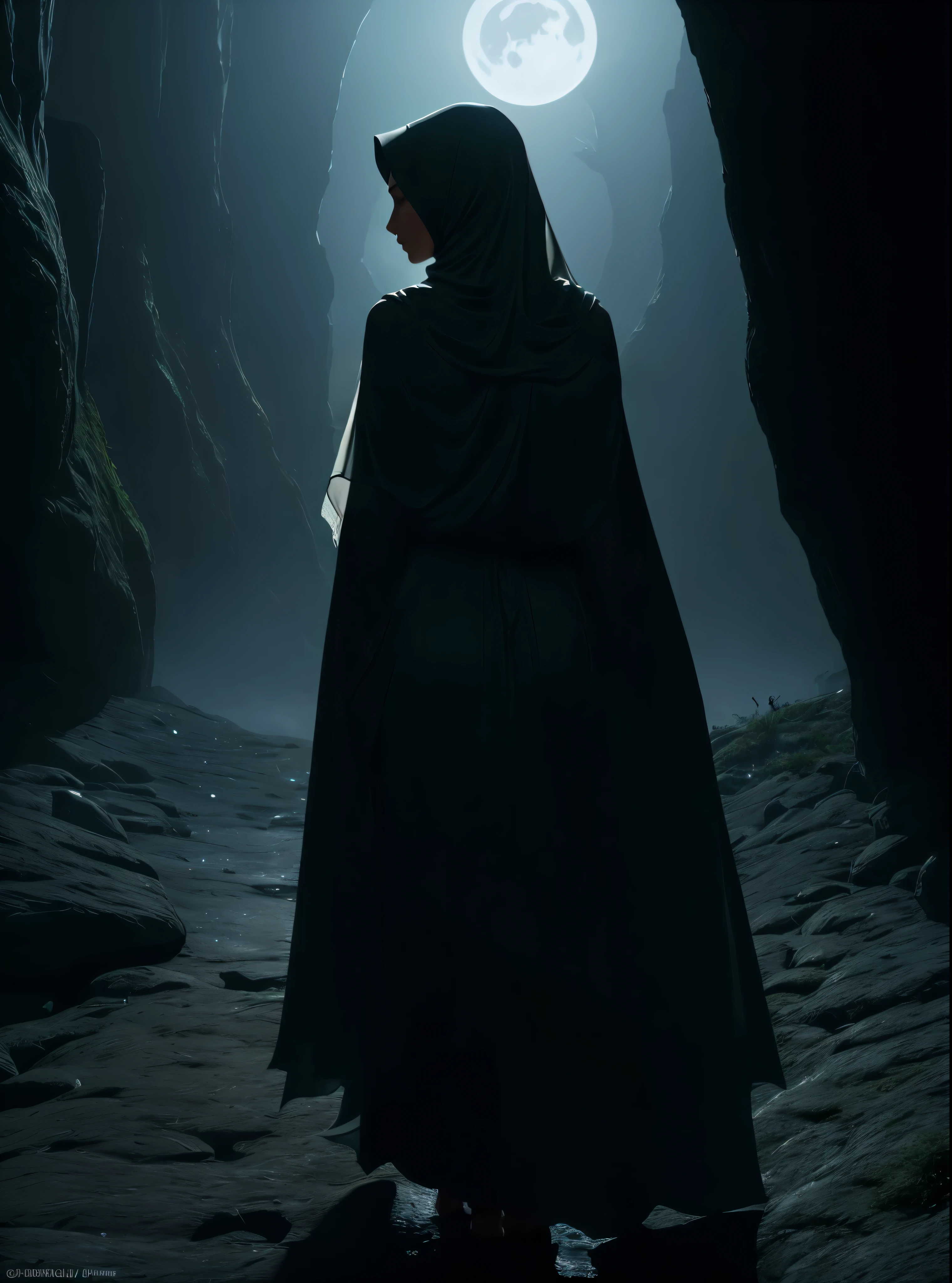 (best quality,highres,ultra-detailed,realistic:1.37),silhouette of hijab girl with olive silky long dress walking out of the darkest cave, leafing the viewers, from behind, dramatic lighting,subtle glow,soft mist,serene atmosphere,gentle breeze,moonlit night,hauntingly beautiful,charcoal sketch-inspired,contrast of light and shadow,details of flowing hair,graceful posture,subtle contours,depth and texture,ethereal feel,sublime beauty,dreamlike quality,striking contrast between darkness and light,vibrant colors in the background,subdued colors on the silhouette,a hint of vulnerability and strength,secrets and mysteries of the night,peaceful and empowering imagery