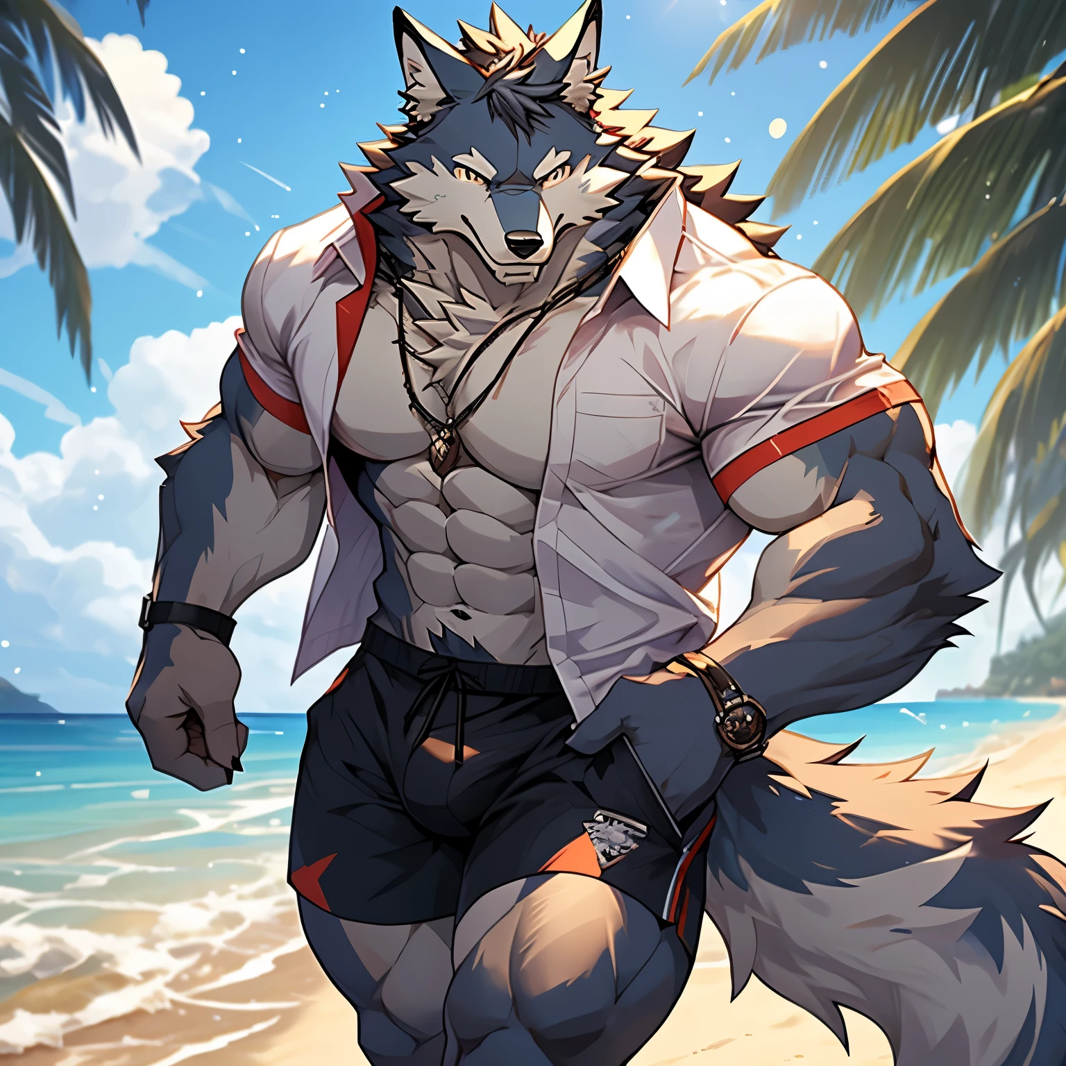 solo, kemono, (wolf), anthro (wolf), anthro, male, anthro male (wolf), anthro (wolf), tail,muscles, handsome, open shirt, shorts, bulge, big abs, cloudy, beach background, depth of field, perfect lighting, (light particles),(best quality),(masterpiece),(ultra detailed),sharp focus, light particles, strong, smiling, rippled muscles, ultradetailed face, ultradetailed eyes, looking at viewer, good looking, bareness, ((detailed face)),