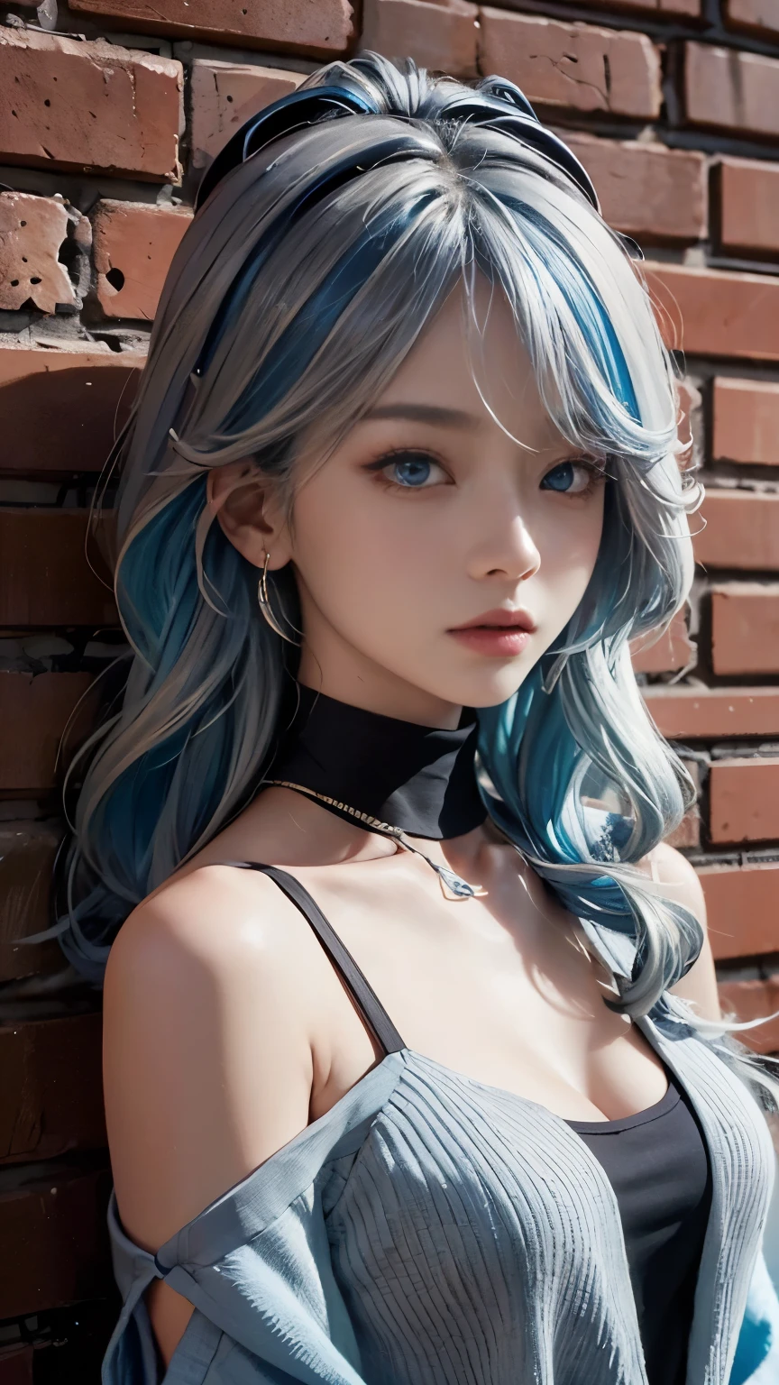 （masterpiece，outstanding，1girl，solo，intricate details，Color difference），realism，（medium breathing）），Off the shoulders，big，超级巨big的山雀，sexy，Eight Emiko，long blue hair，Silver Headwear，red highlights，hair above one eye，blue eyes，earrings，sharp eyes，Perfectly symmetrical figure，Choker，neon shirt，slit jacket，turtleneck sweater，Against the wall，brick wall，Graffiti，dim lights，alley，looking at the audience，（（make sense，enchanting，charming） ),（Sakura background））），红brick wall的背景，Upper body