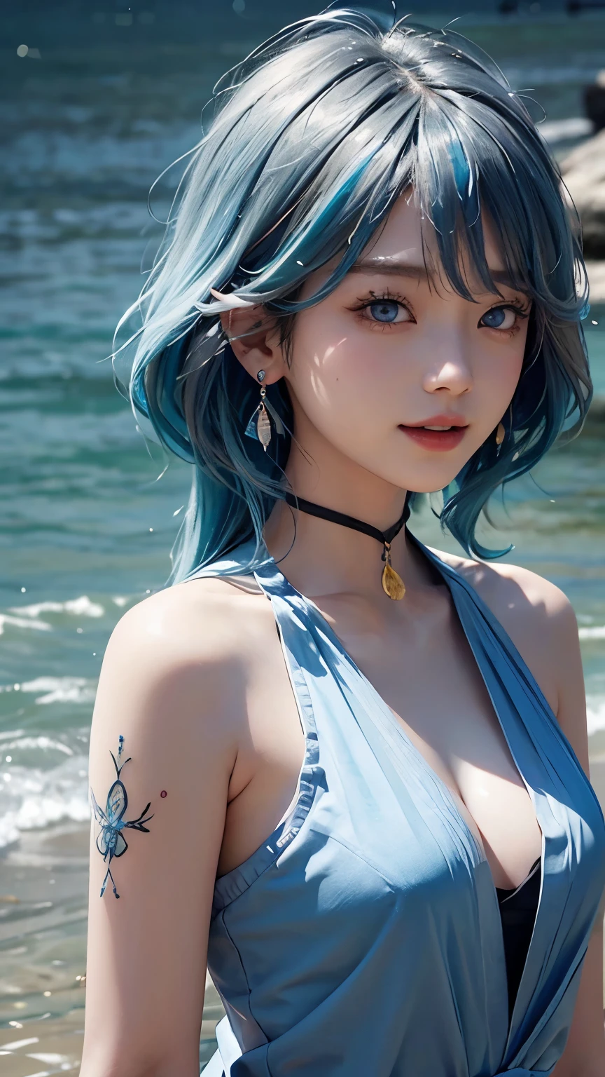 1girl、在water面以下,solo、looking at the audience、Smile、medium long hair、open mouth、Bangs、blue eyes、bare shoulders、jewelry、Upper body、blue hair、earrings、O cabelo multicolorido、collar、virtual_youtuber、Vest、water、Off the shoulders、black dress、striped hair、tattoo、Floating hair、Headband、Beautifully detailed seabed、美丽的water、泼water、浑身是water珠、Sunlight、Ray tracing、masterpiece、facing the camera