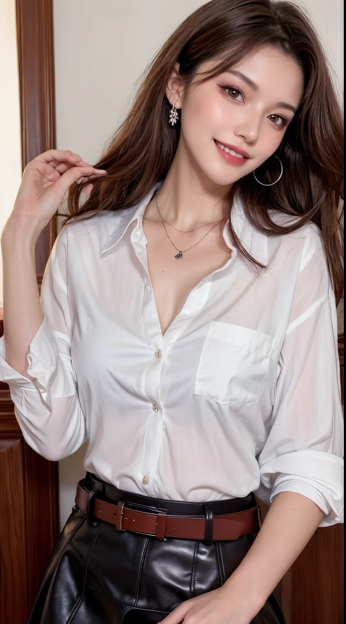 (highest quality, High resolution, masterpiece :1.3), A tall and pretty woman, thin abs, Loose wavy dark brown hair, chest, wear a pendant, White button-up shirt, belt, black skirt, , Precisely expresses details such as face and skin texture, fine eyes, double eyelid,(grin)
