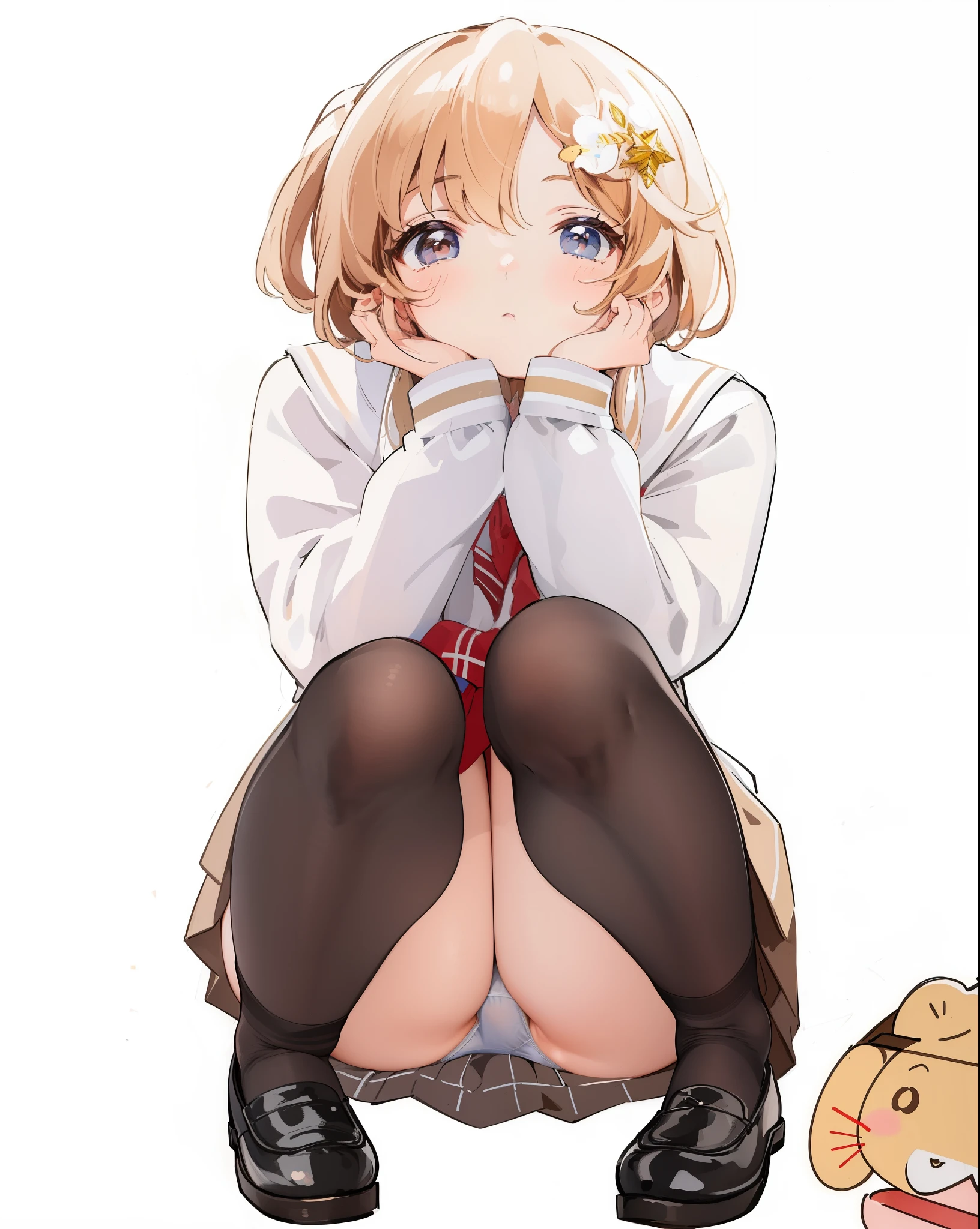 masterpiece, best quality,illustration,sailor uniform,slant eyes,straight hair,brown hair,looking away,side parted,highly detailed white panties,super detailed skin,calf white socks