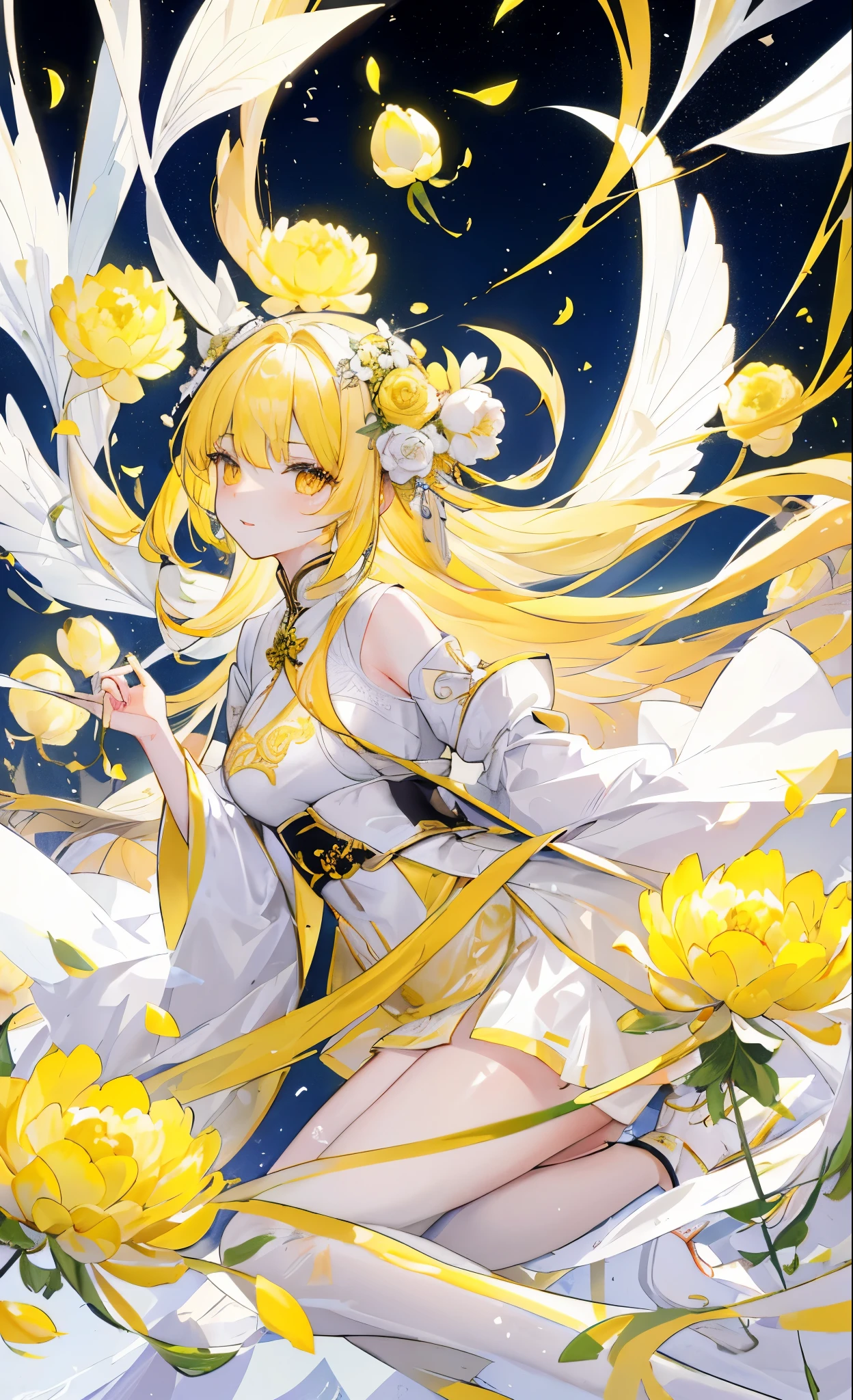 Yellow peonies for decoration，light long hair，Dark and white clothes，Fairy Sister of Hehuan Sect，A crazy beauty who knows how to whip slaves！