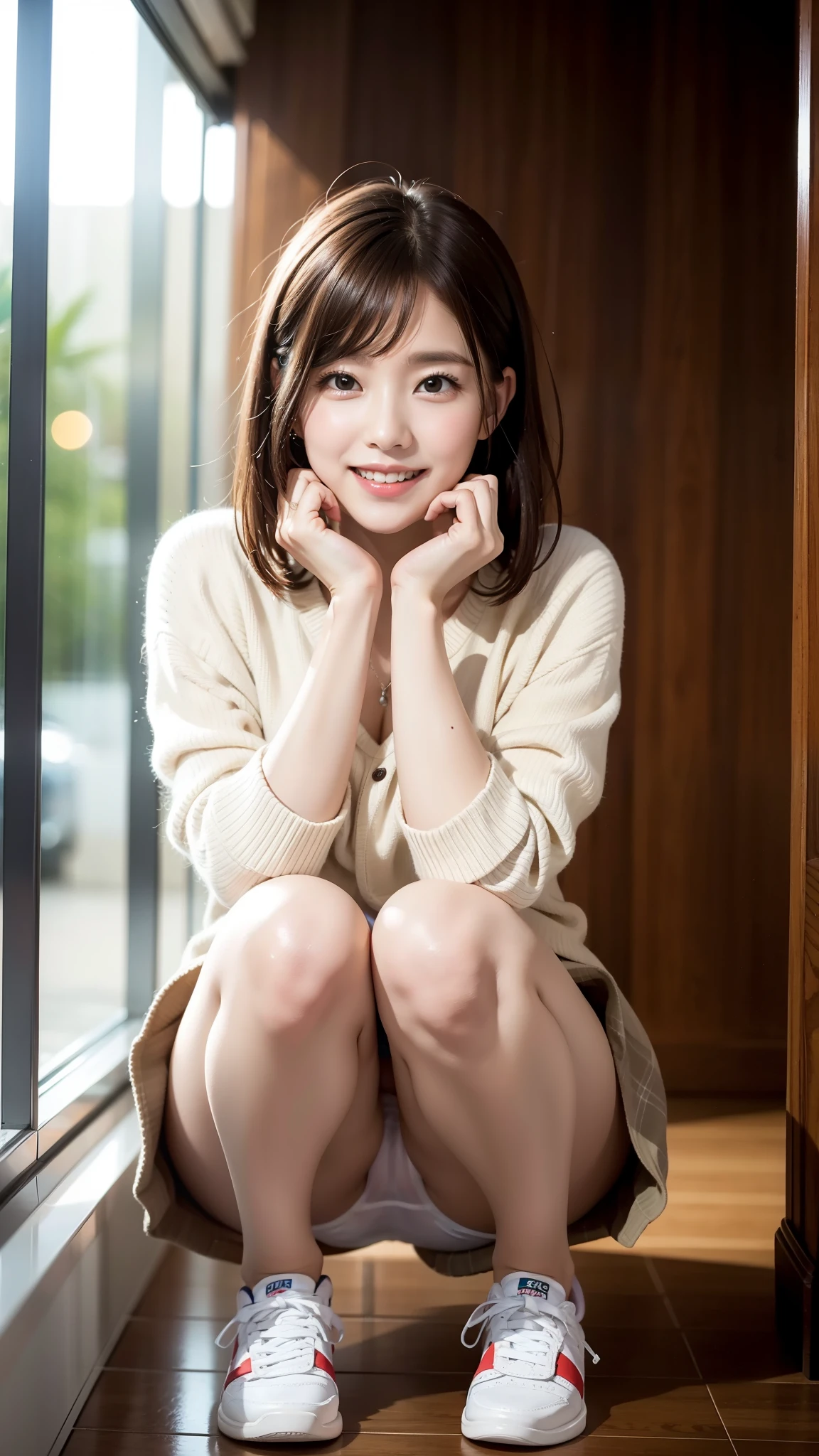 laughter:1.5、I can see her small white panties:1.5,Brown hair short cut with side waves:1.5,casual sneaker wear:1.5,