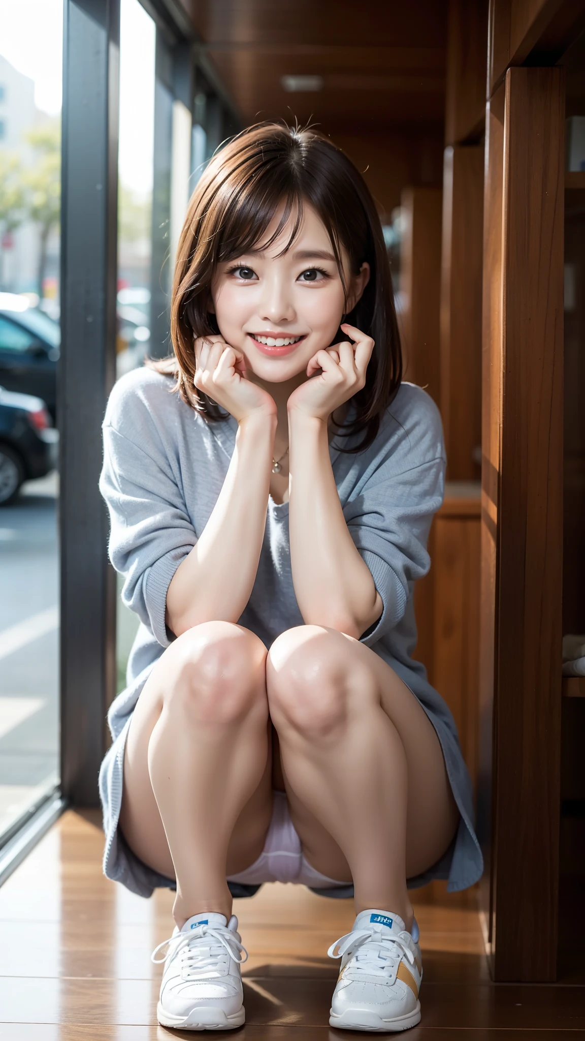 laughter:1.5、I can see her small white panties:1.5,Brown hair short cut with side waves:1.5,casual sneaker wear:1.5,